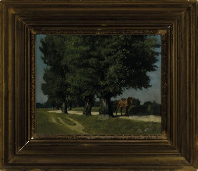 26595213k - Max Barascudts, 1869 St.Denis-1927 Munich, workhorse on a tree-lined way, oil/ painting cardboard, slightly arched, sign on the back.,36x44cm, frame approx. 57x65cm