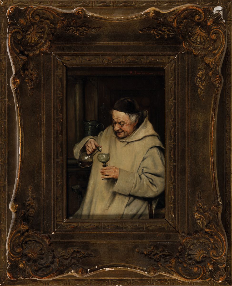 Detail k: Richard Linderum, 1851 Dresden-1926 München, Mönch bei der Weinprobe, Öl/Holz, rechts obensigniert, ca. 23x15cm, R. ca. 41x34cm