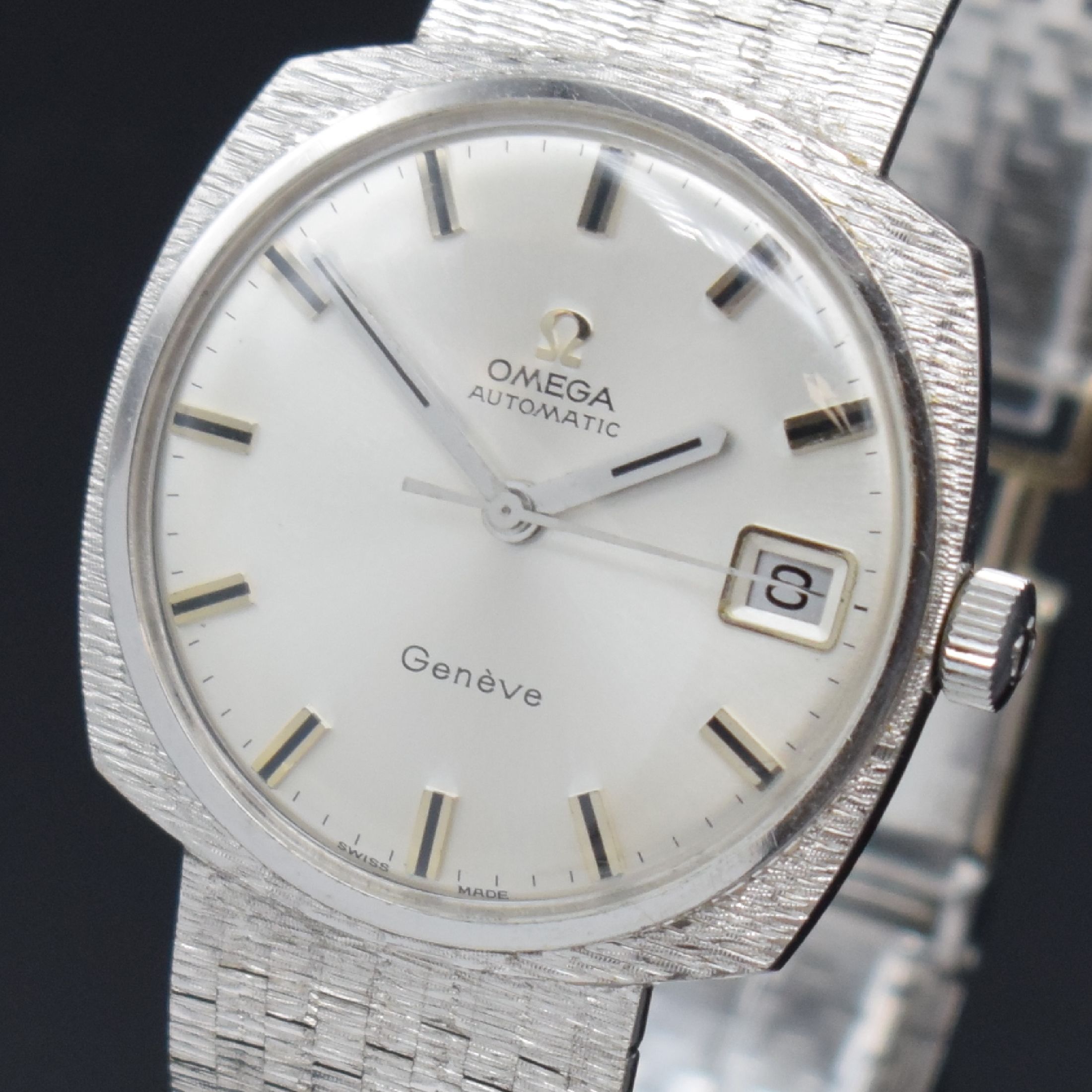 Detail c: OMEGA Geneve Armbanduhrwerk im neutralen WG 750/000 Gehäuse, Schweiz um 1968, Automatik, Boden aufgedr., silb. orig. Zifferbl. m. aufgel. Std.-Ind., ...