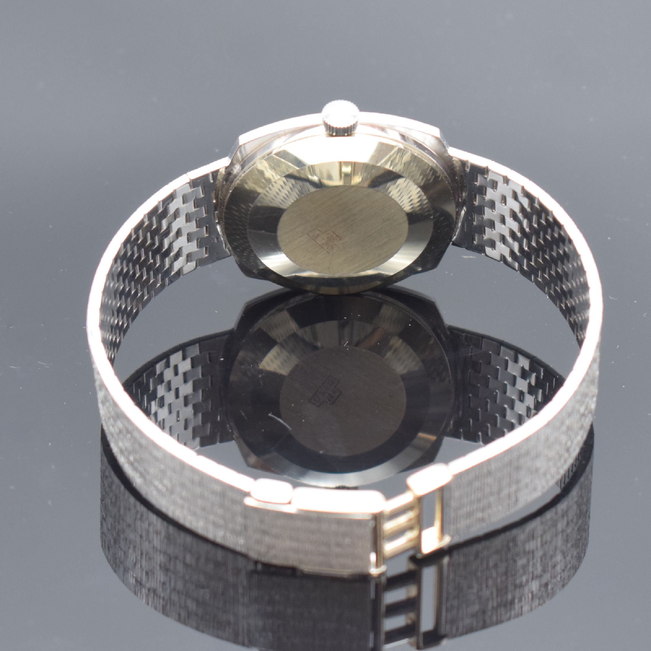 Detail f: OMEGA Geneve Armbanduhrwerk im neutralen WG 750/000 Gehäuse, Schweiz um 1968, Automatik, Boden aufgedr., silb. orig. Zifferbl. m. aufgel. Std.-Ind., ...