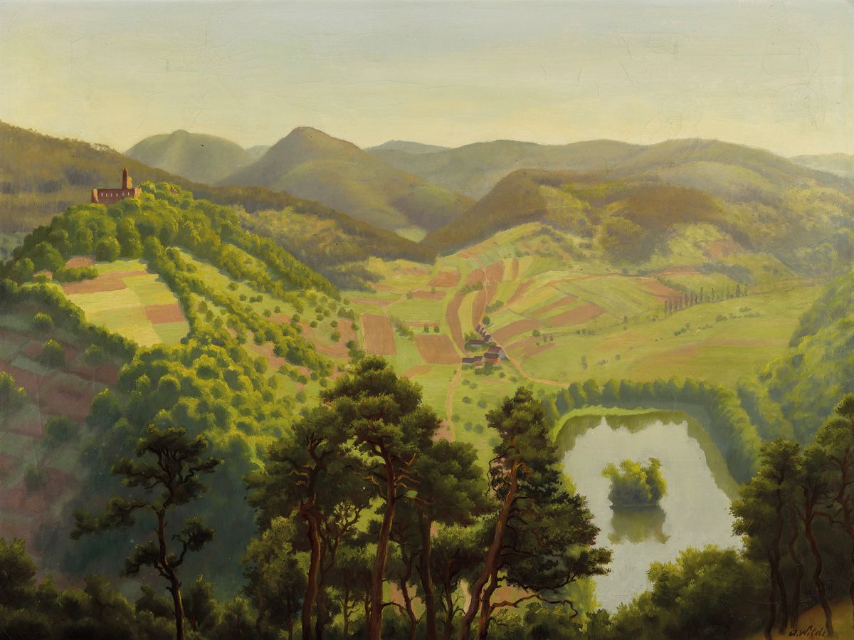 August Wilde, 1881 Ludwigshafen-1950 Bad Dürkheim, Studium an der Akademie München bei Herterich und Franz von Stuck, hier: Blick auf die Limburg, ...
