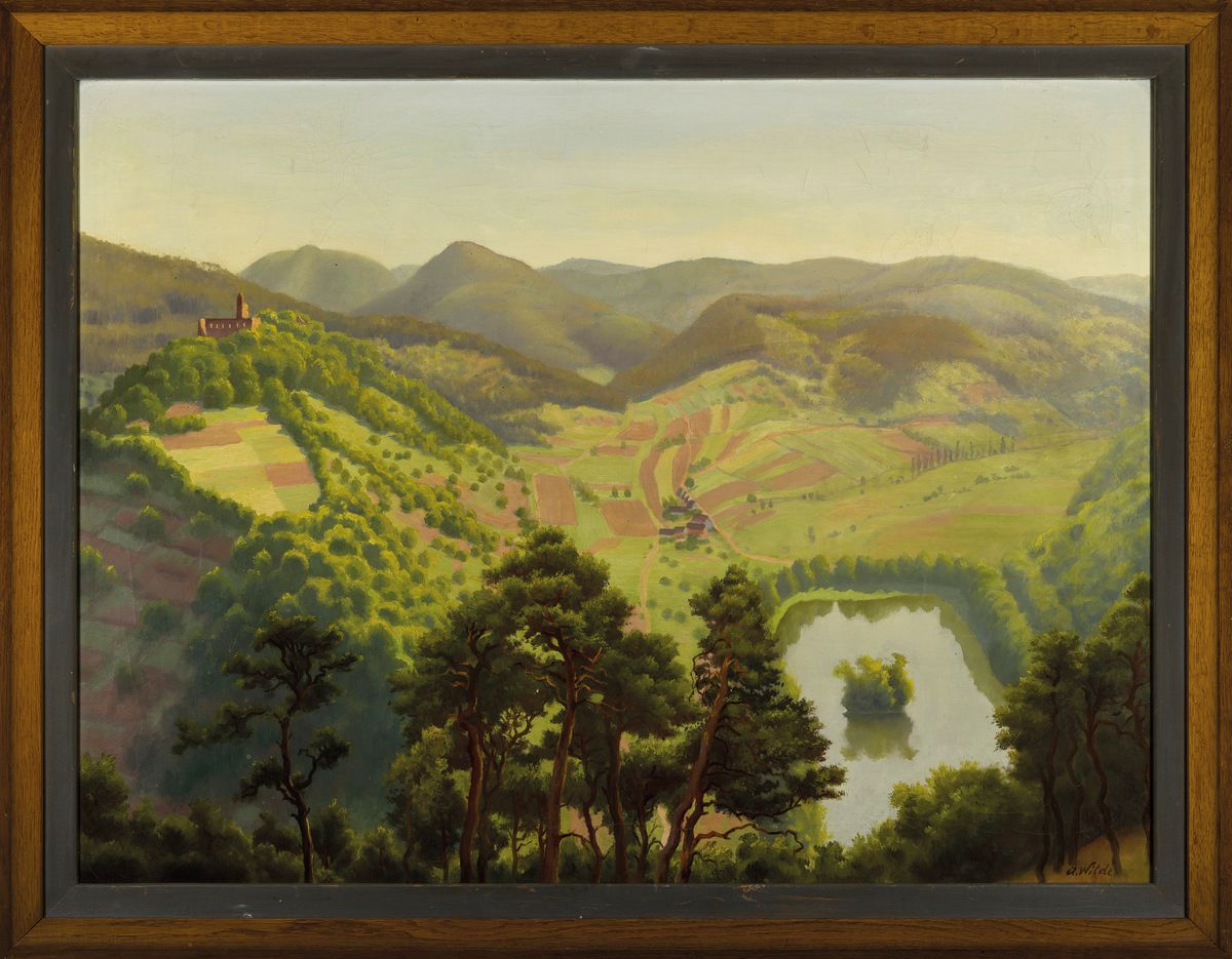 Detail k: August Wilde, 1881 Ludwigshafen-1950 Bad Dürkheim, Studium an der Akademie München bei Herterich und Franz von Stuck, hier: Blick auf die Limburg, ...