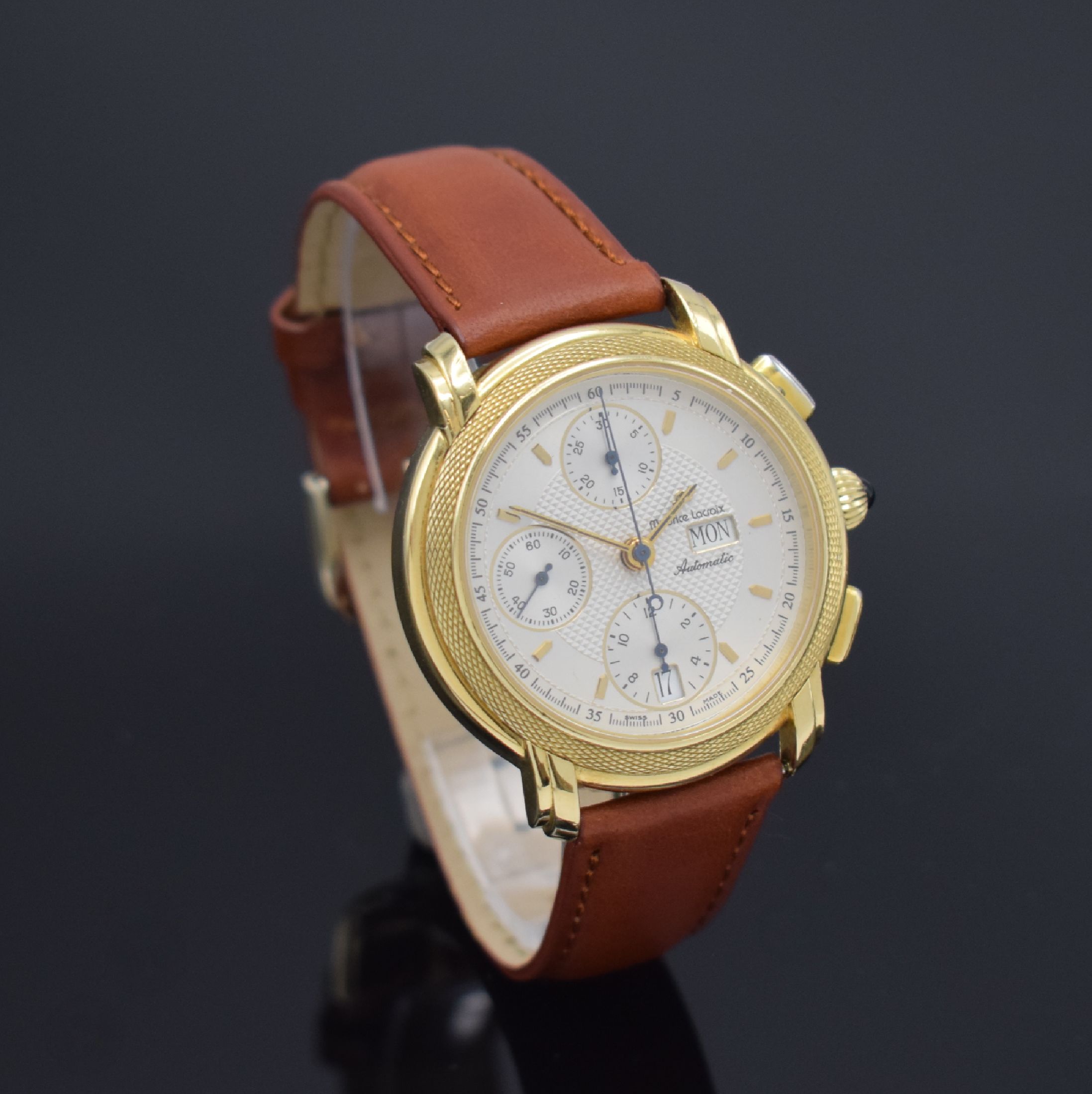 Detail b: MAURICE LACROIX Armbandchronograph in GG 750/000 Referenz 39657, Automatik, Schweiz um 2000, Boden aufgedr. (dell.), silb. Zifferbl. m. aufgel. ...