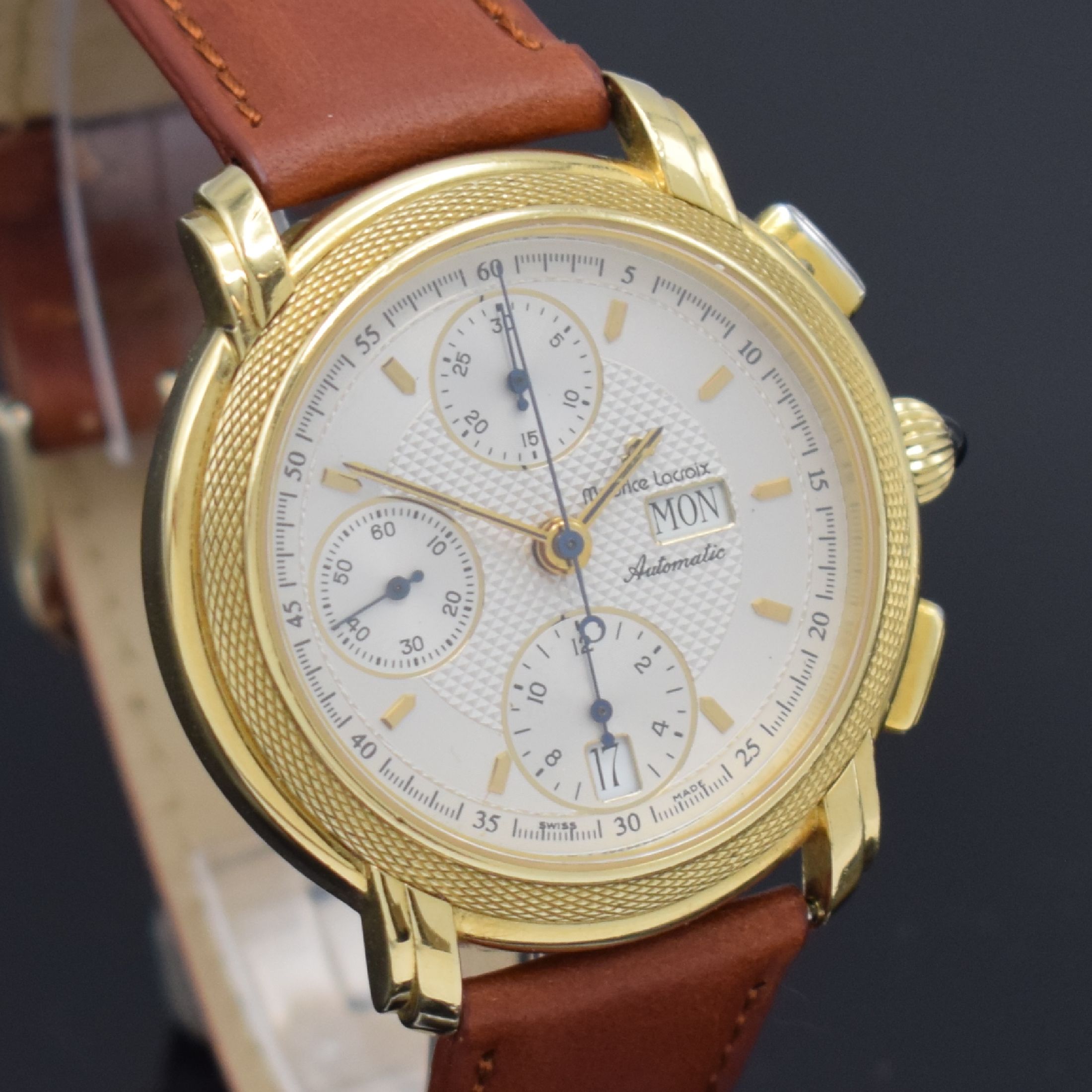 Detail c: MAURICE LACROIX Armbandchronograph in GG 750/000 Referenz 39657, Automatik, Schweiz um 2000, Boden aufgedr. (dell.), silb. Zifferbl. m. aufgel. ...