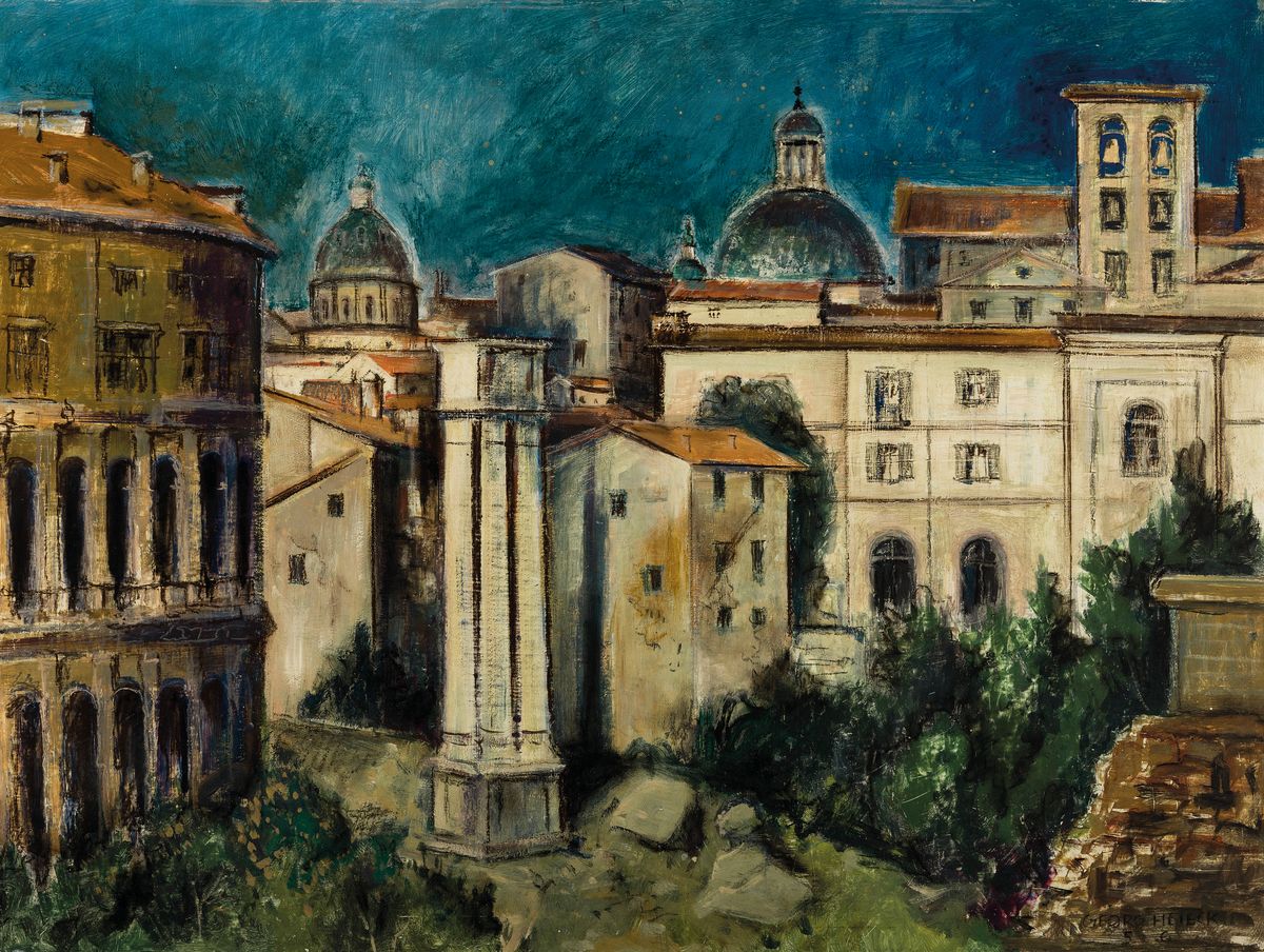 Georg Heieck, 1903 Ludwigshafen-1977 Mannheim, Blick auf das Marcellustheater in Rom, ÖL/Malkarton, rechts unten signiert und dat. 56, ca. 60x80cm, ...