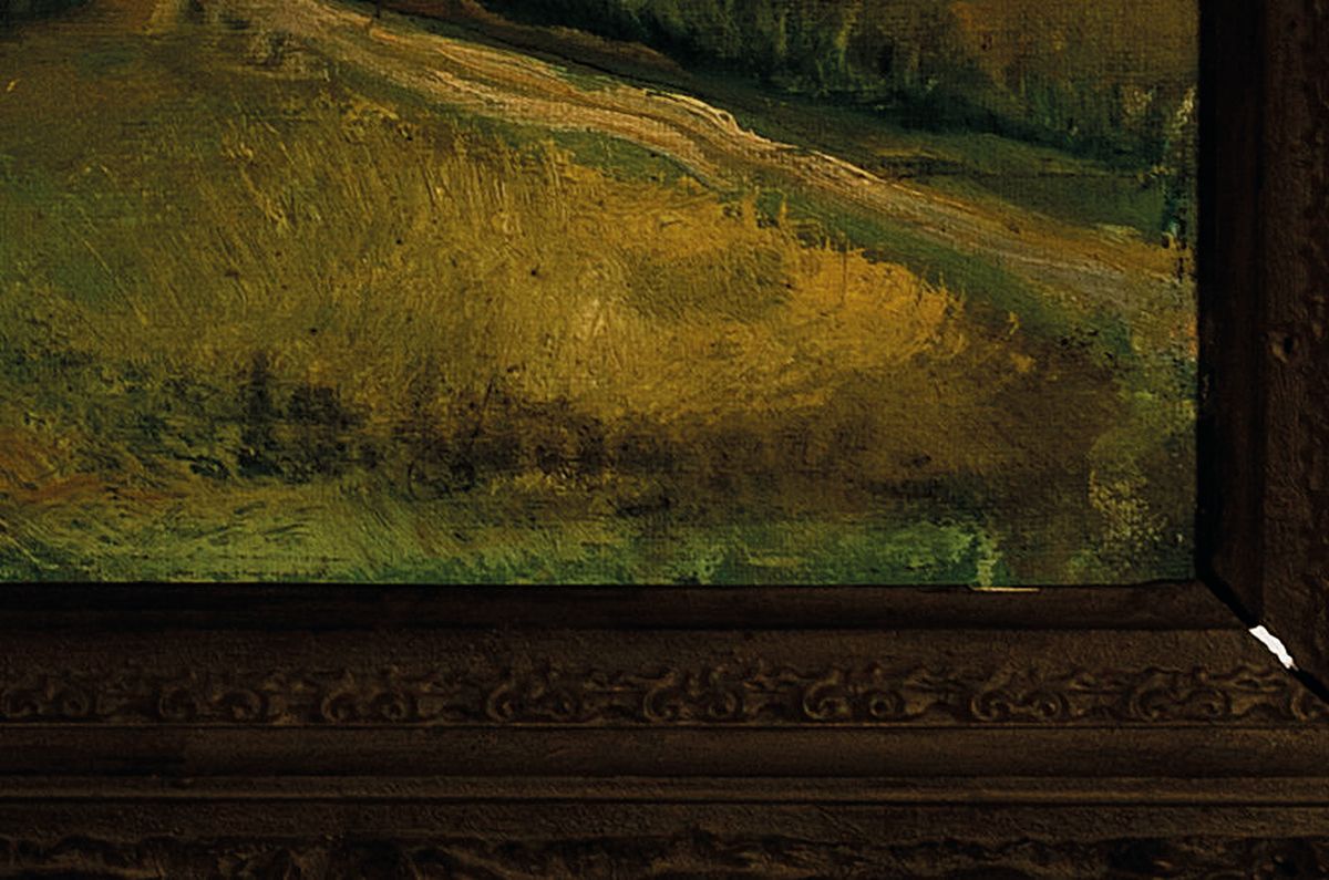 Detail a: Wagner, deutscher Maler des 20. Jh., Blick auf den Chiemsee und die Fraueninsel, Öl/Lwd, rechts unten unleserlich signiert, ca. 58x76cm, Prunkrahmen ...