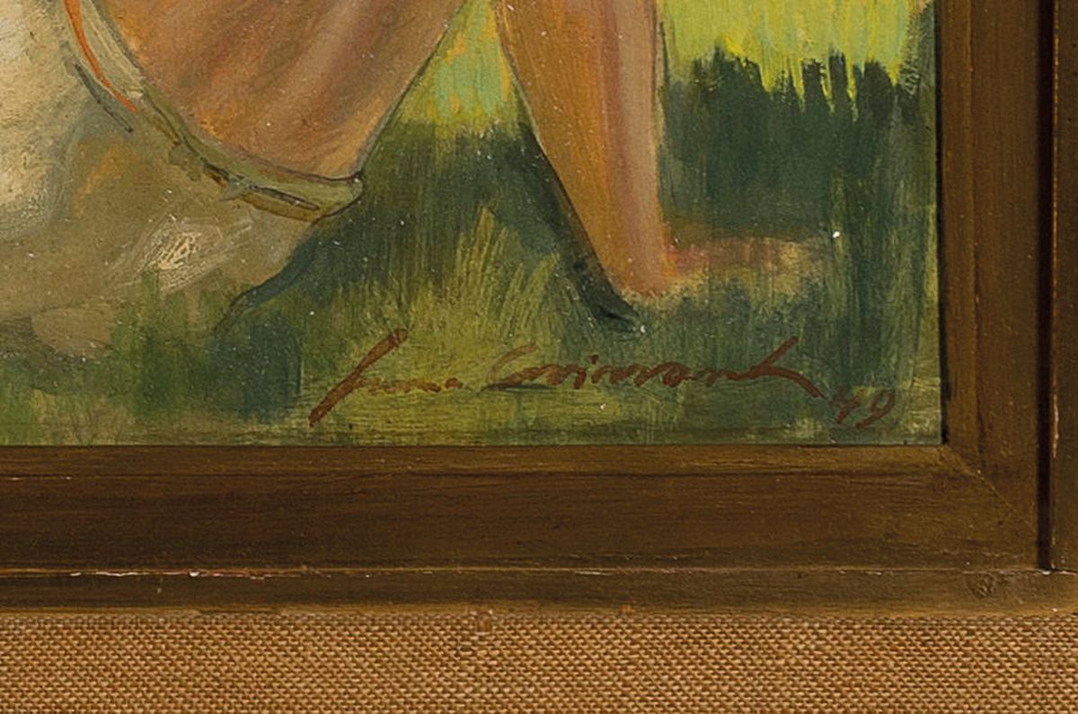 Detail a: Hermann Croissant, 1897-1963 Landau, Privatschüler des Albert Haueisen, später an der Akademie München bei Becker-Gundahl, hier: Apfelernte, ...