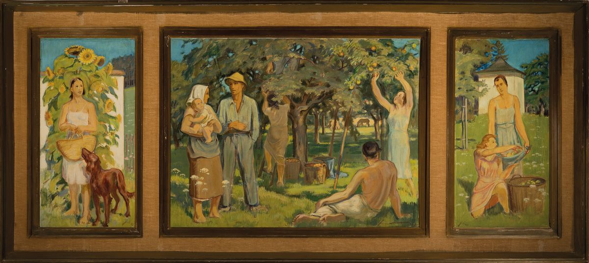 Detail k: Hermann Croissant, 1897-1963 Landau, Privatschüler des Albert Haueisen, später an der Akademie München bei Becker-Gundahl, hier: Apfelernte, ...