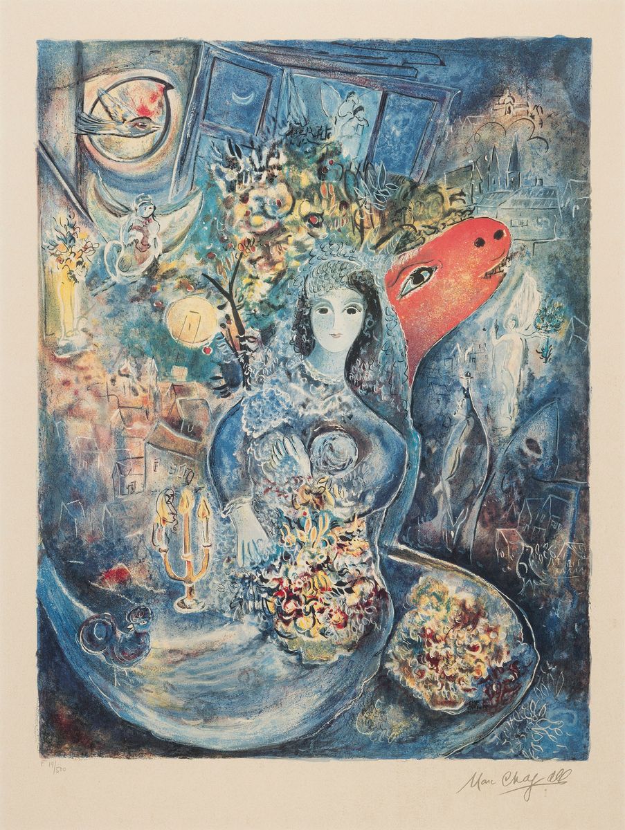 Marc Chagall, 1887-1985, Farblithographie, rechts unten drucksigniert, links unten num. E 19/500, ca. 70x53cm, u.Gl., R. ca. 108x87cm