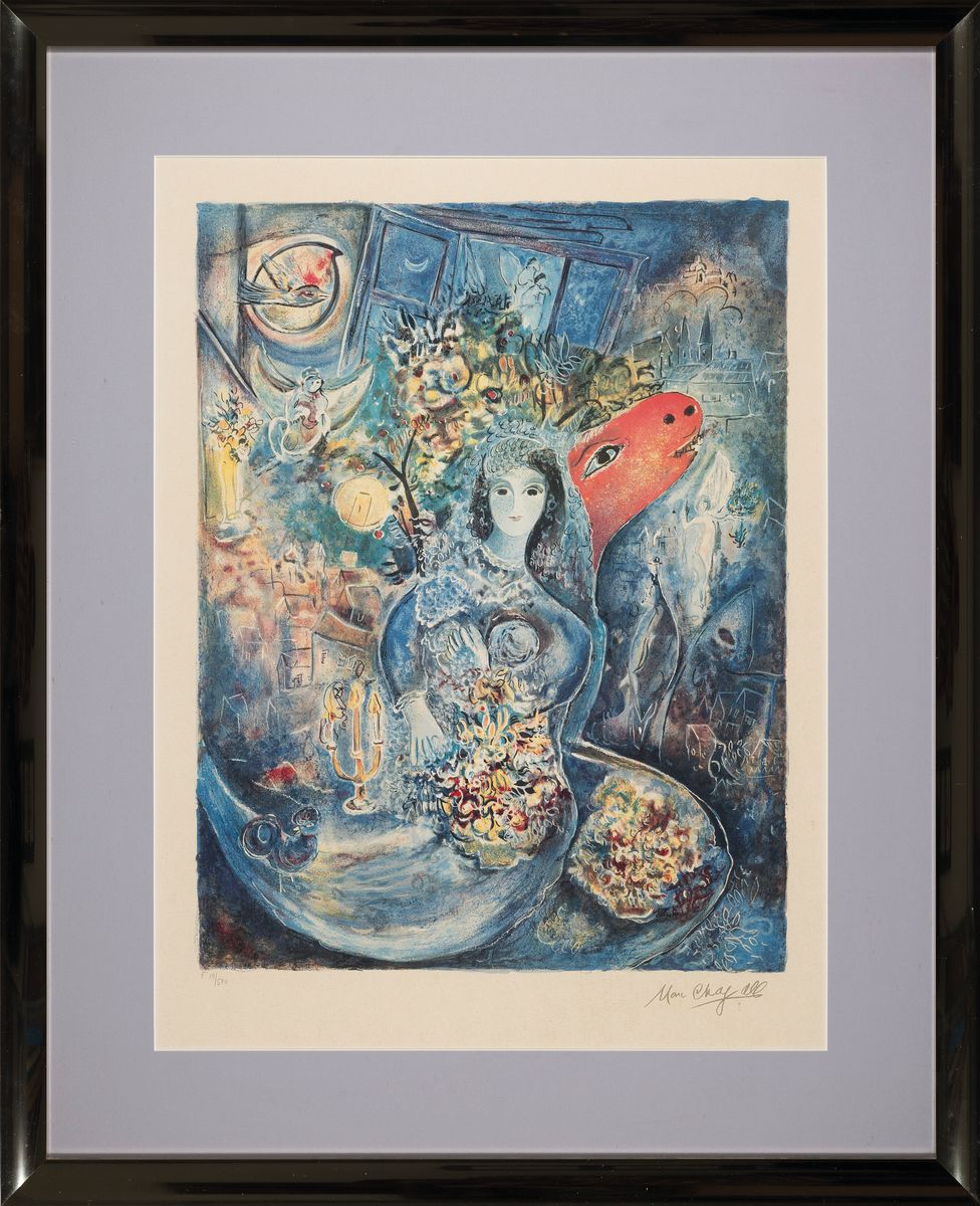 Detail k: Marc Chagall, 1887-1985, Farblithographie, rechts unten drucksigniert, links unten num. E 19/500, ca. 70x53cm, u.Gl., R. ca. 108x87cm
