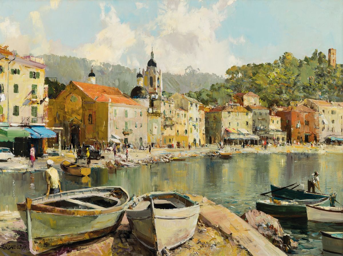 Friedrich Klaiberg, 1921 Gelsenkirchen-1998,Südlicher Hafen, rückseitig bez. Lerici, Öl/Lwd, links unten signiert, ca. 60x80cm, R. ca. 75x95cm