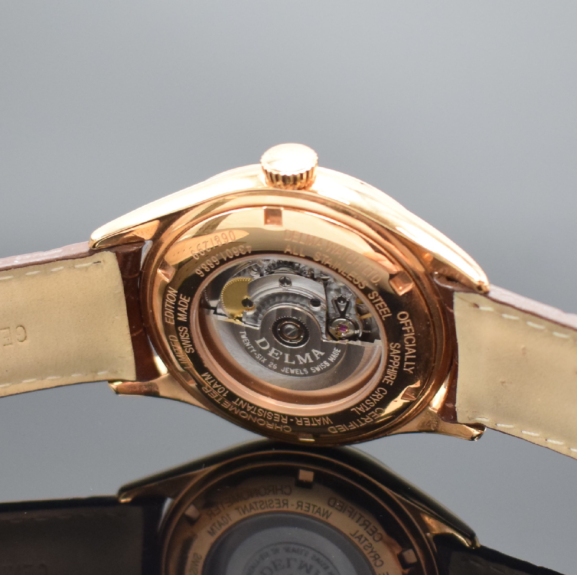 Detail d: DELMA limitierter Armbandchronometer, Schweiz um 2020, Automatik, auf 299 Stück limitiertes Modell, verg. Geh. beids. vergl., orig. Lederband m. ...