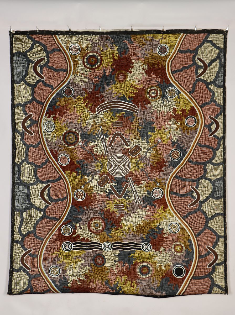 Clifford (1932-2002) & Michelle Possum Nungurrayi (geb. 1967 Papunya), "Mens Ceremony - Four Dreaming", 1989, großformatigePunktmalerei, ...
