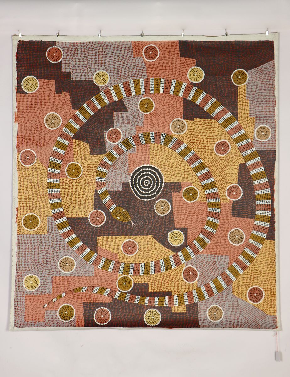 Billy Stockman Tjapaltjarri, 1927-2015, Australien, Aborigine-Künstler der Anmatyerre, "Kunya Snake Dreaming", 1988, Farbfelder in ...