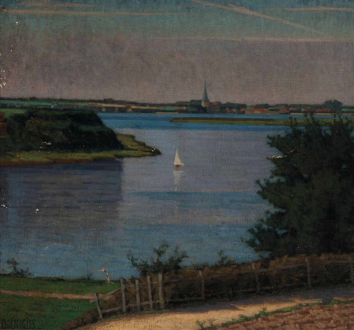 Max Doenigus, Künstler der Berliner Schule desfrühen 20.Jh., Seenlandschaft, links unten signiert, Oberflächenschäden, Öl/Holz, rest., Reinigung ...