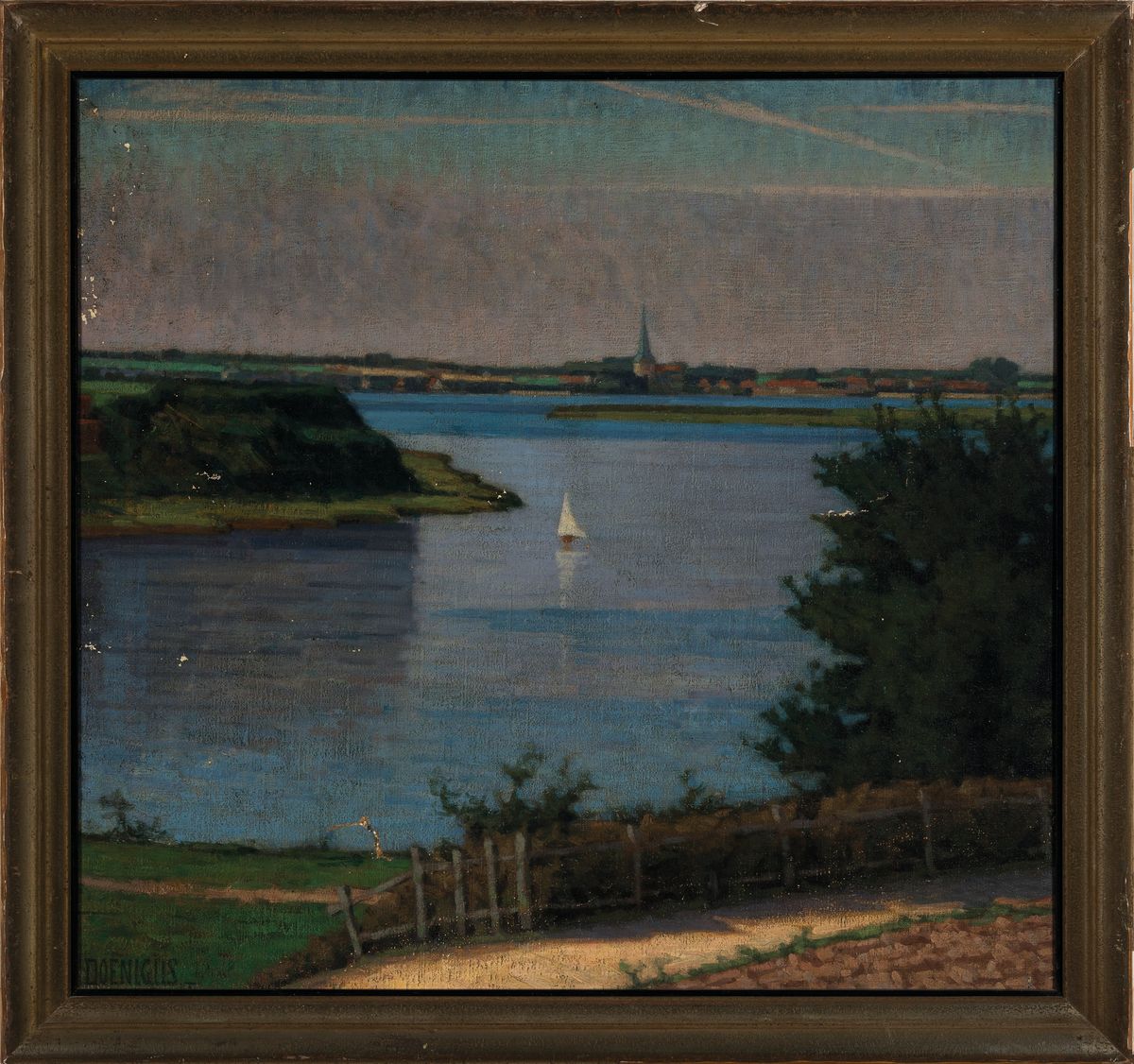Detail k: Max Doenigus, Künstler der Berliner Schule desfrühen 20.Jh., Seenlandschaft, links unten signiert, Oberflächenschäden, Öl/Holz, rest., Reinigung ...