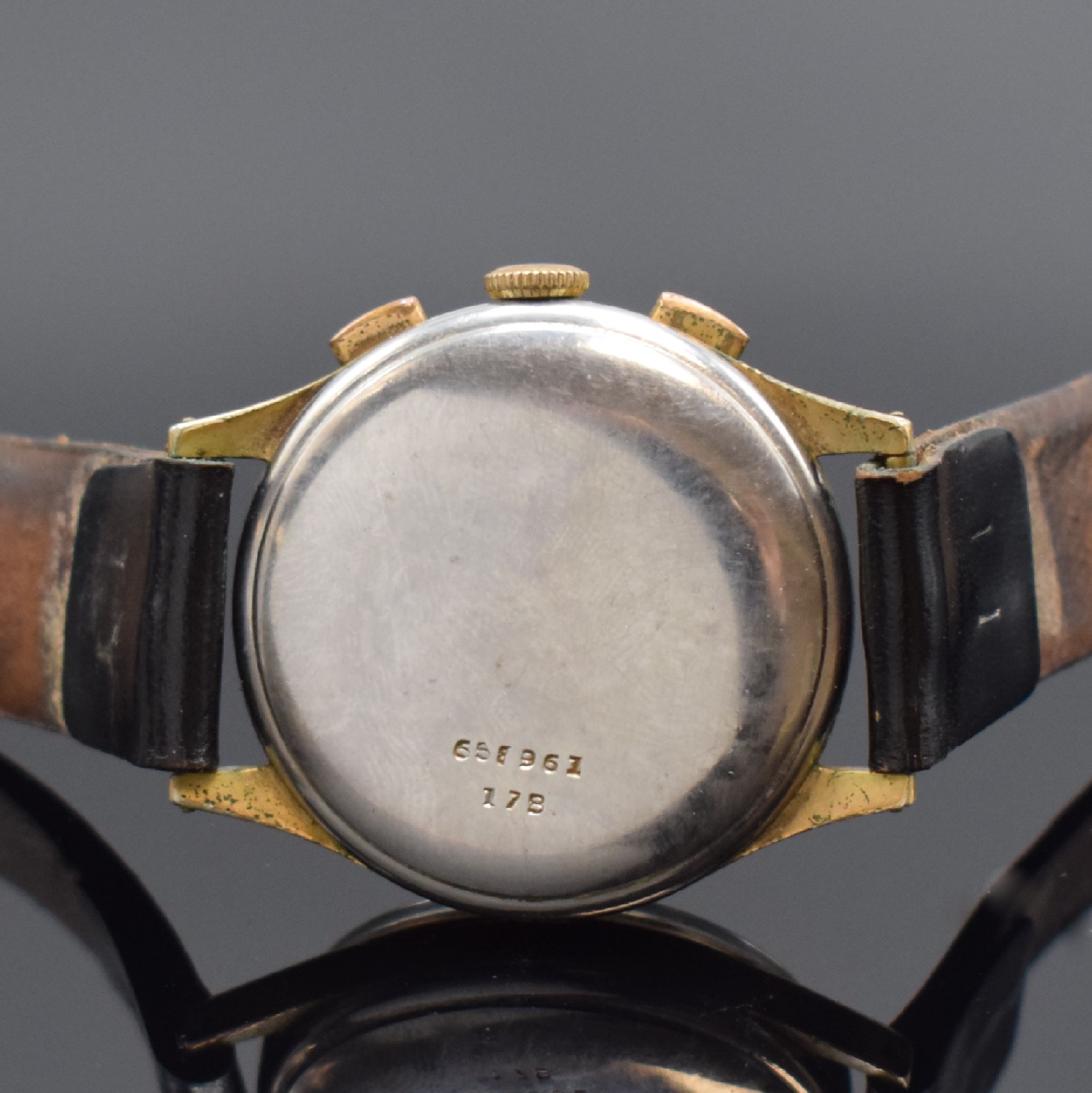 Detail c: BREITLING Herrenarmbanduhr Referenz 178 mit Schaltradchronograph Kaliber Venus 170, Schweiz um 1945, Handaufzug, verg. Geh. ber., Edelstahlboden ...