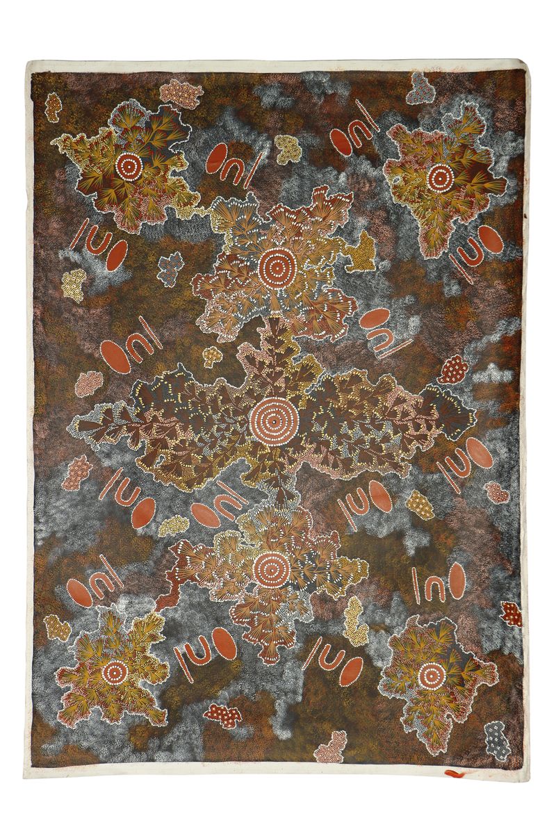 Eunice Napangardi, um 1950-2005, Australien,Aborigine-Künstlerin, "Bush Banana Dreaming", 1990, Punktmalerei mit organischen und ...