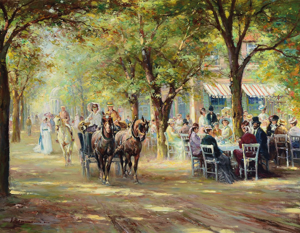 Horst Altermann, 1925-1978 Düsseldorf, belebte Szene mit Kutsche und Reiter auf Baum bestandener Straße und gut besuchtem Gartencafé, ...