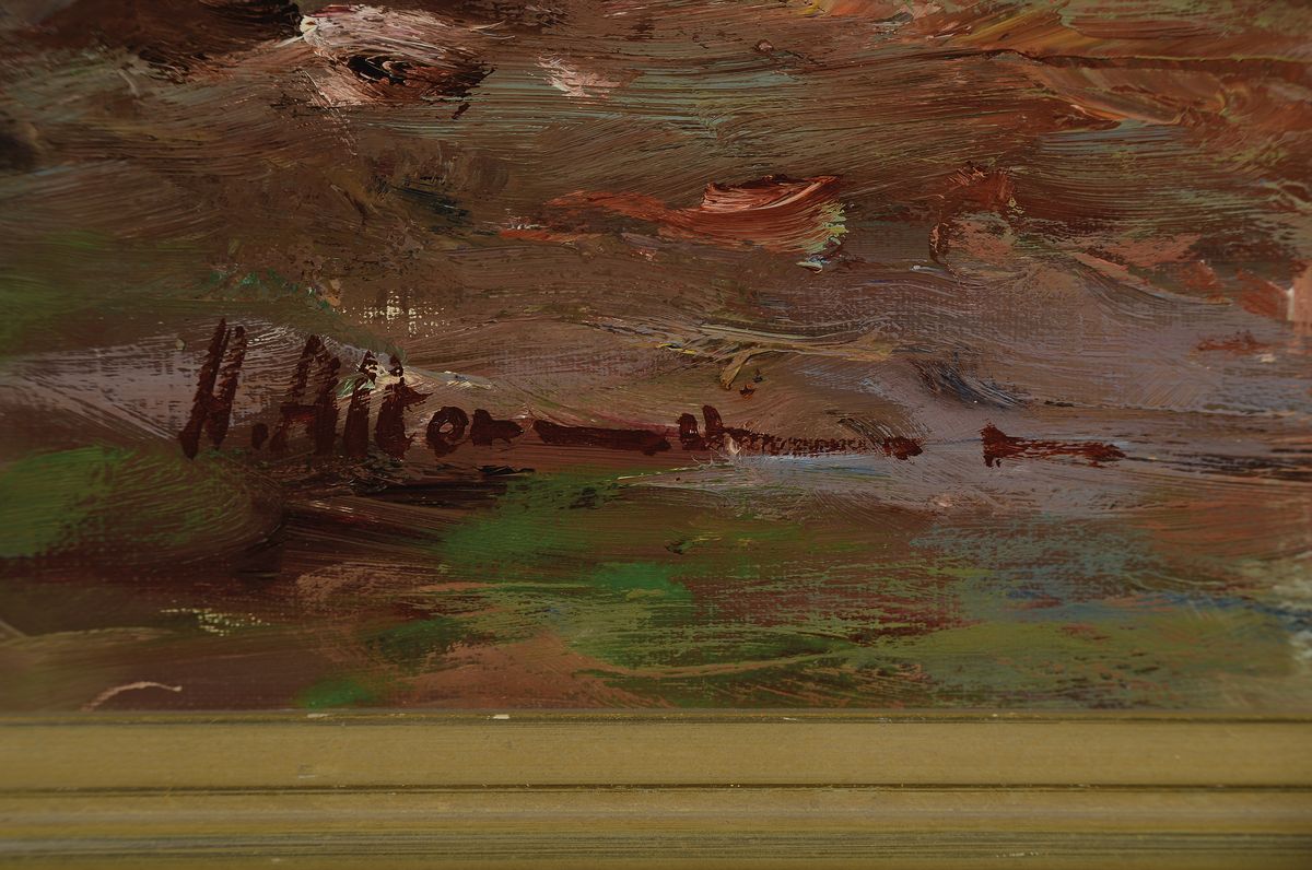 Detail a: Horst Altermann, 1925-1978 Düsseldorf, belebte Szene mit Kutsche und Reiter auf Baum bestandener Straße und gut besuchtem Gartencafé, ...