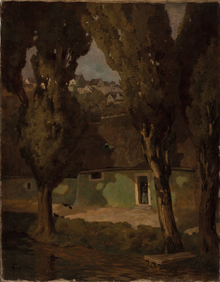 Detail k: Guido Frey, 1875 - 1949 Aarau, Studium an der Kunstgewerbeschule Stuttgart, Dorfansicht,Blück über einen baumgesäumten Fluss auf ein Bauernhaus, ...