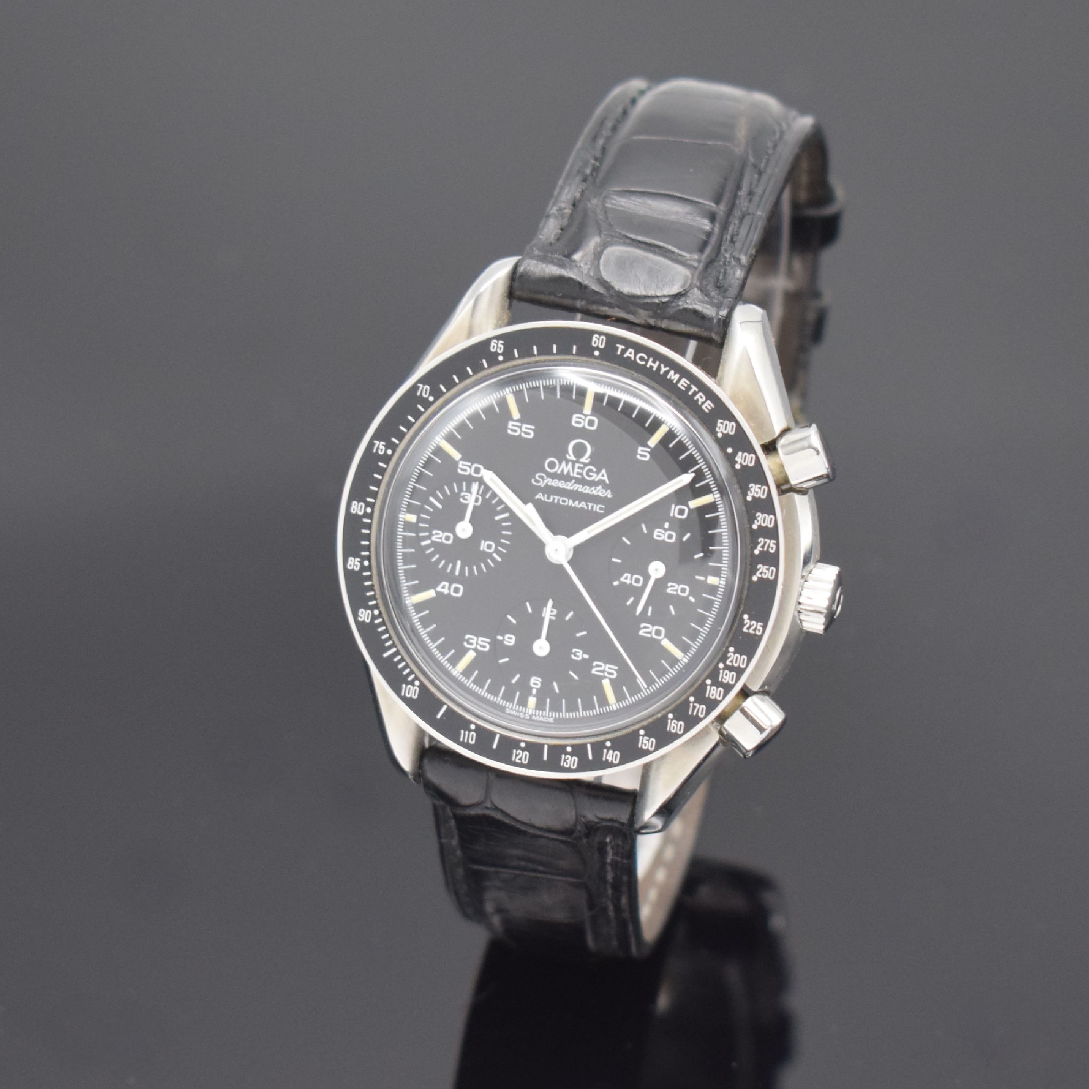OMEGA Armbandchronograph Speedmaster Reduced Referenz 175.0032, Automatik, Schweiz um 1990, Edelstahlgeh. inkl. Lederband m. orig. Dornschl., Boden ...