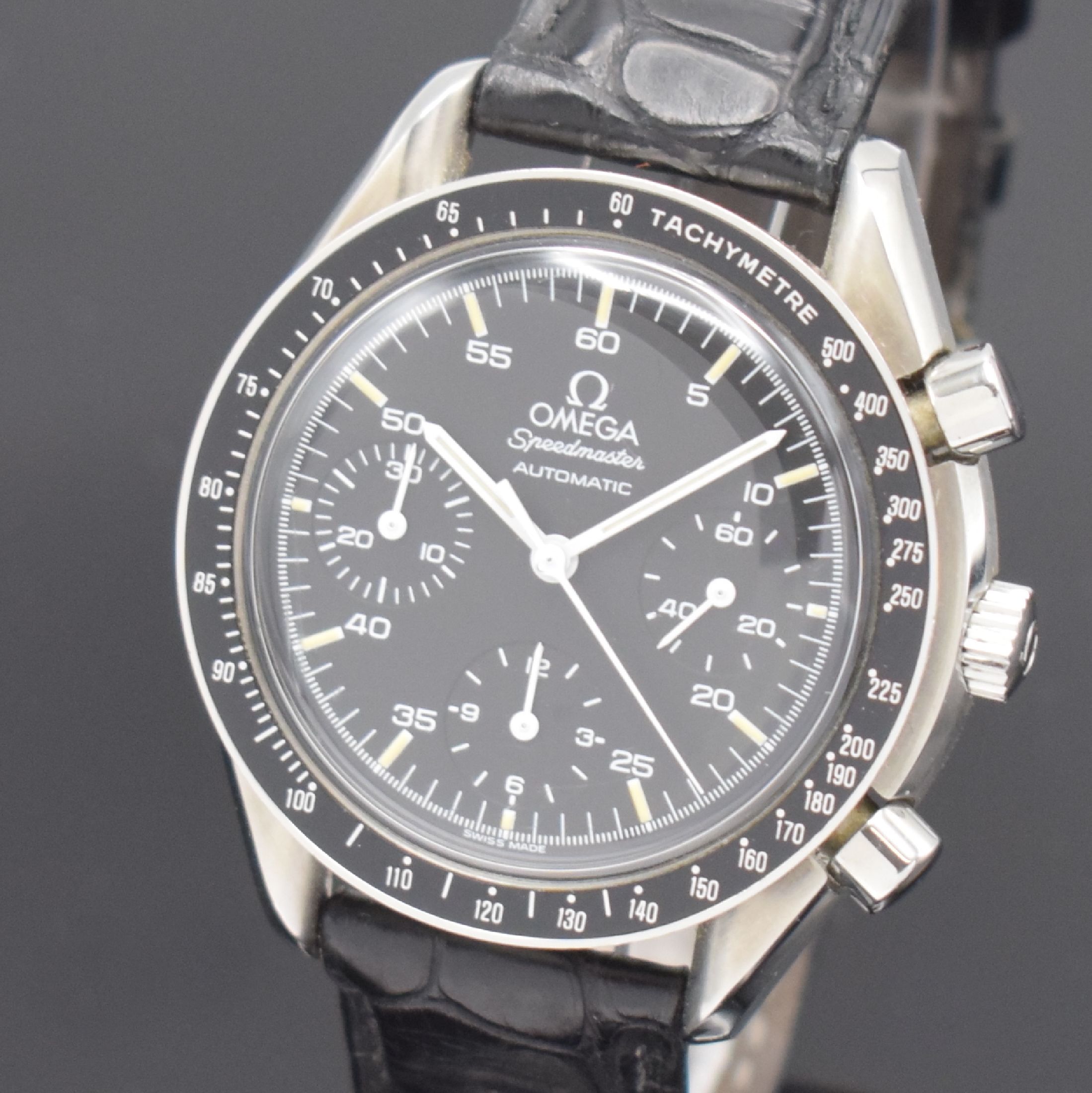 Detail a: OMEGA Armbandchronograph Speedmaster Reduced Referenz 175.0032, Automatik, Schweiz um 1990, Edelstahlgeh. inkl. Lederband m. orig. Dornschl., Boden ...