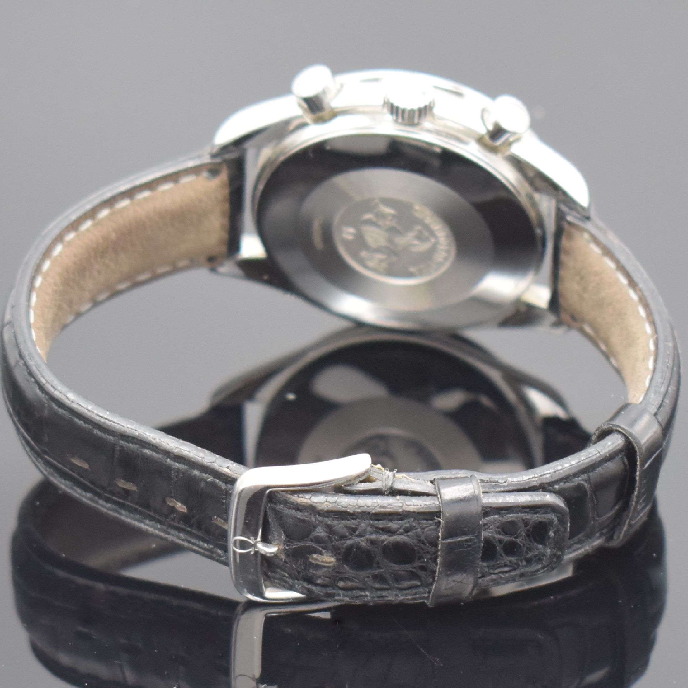 Detail d: OMEGA Armbandchronograph Speedmaster Reduced Referenz 175.0032, Automatik, Schweiz um 1990, Edelstahlgeh. inkl. Lederband m. orig. Dornschl., Boden ...