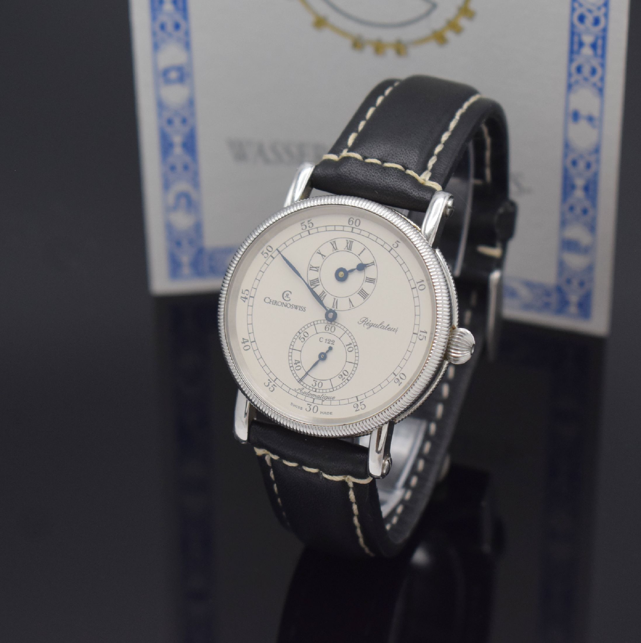 CHRONOSWISS Regulateur Herrenarmbanduhr in Stahl Referenz CH 1223, Schweiz um 1994, Automatik, beids. vergl., Boden verschr., geriffelte Lünette, ...
