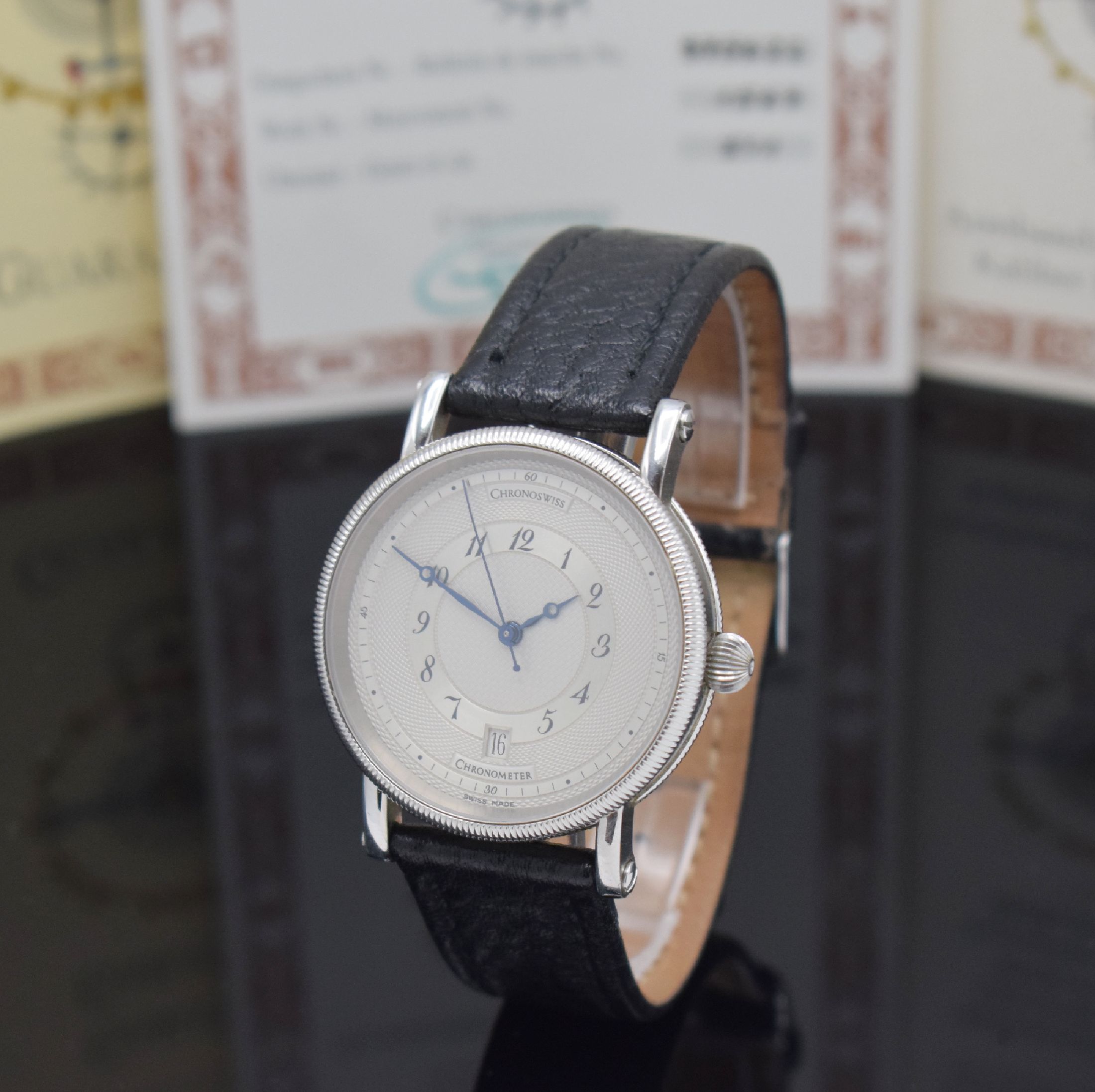 CHRONOSWISS seltener Armbandchronometer Referenz CH 2823, Automatik, Edelstahlgeh. beids. Saphirvergl., Boden verschr., Silberzifferbl. z. T. guill., ...