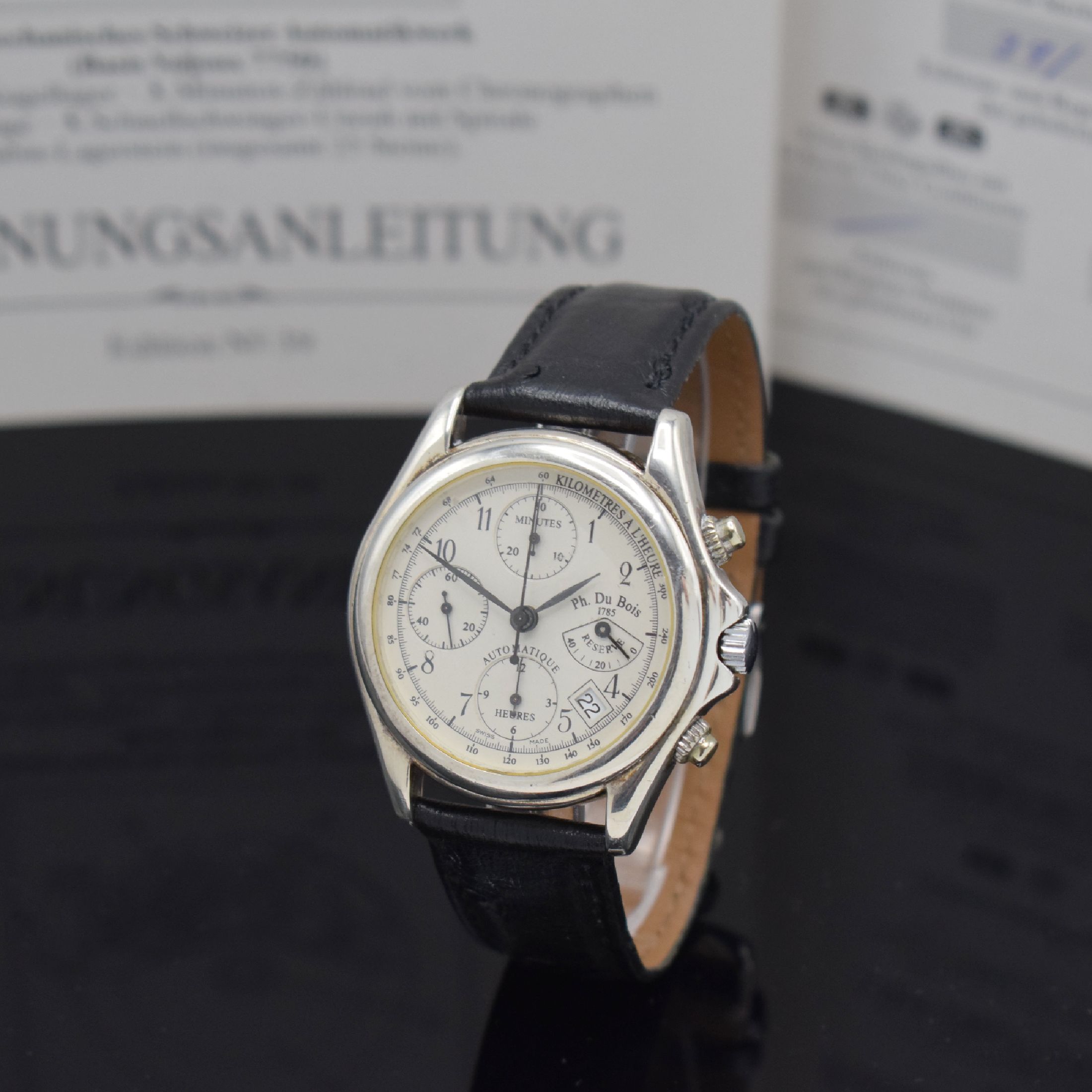 PHILIPPE DUBOIS Armbandchronograph Art Deco 1925 in Silber, Automatik, 3-teil. Sterlingsilber-Gehäuse, Boden u. Glasrand aufgedr., Anz. v. Std., ...