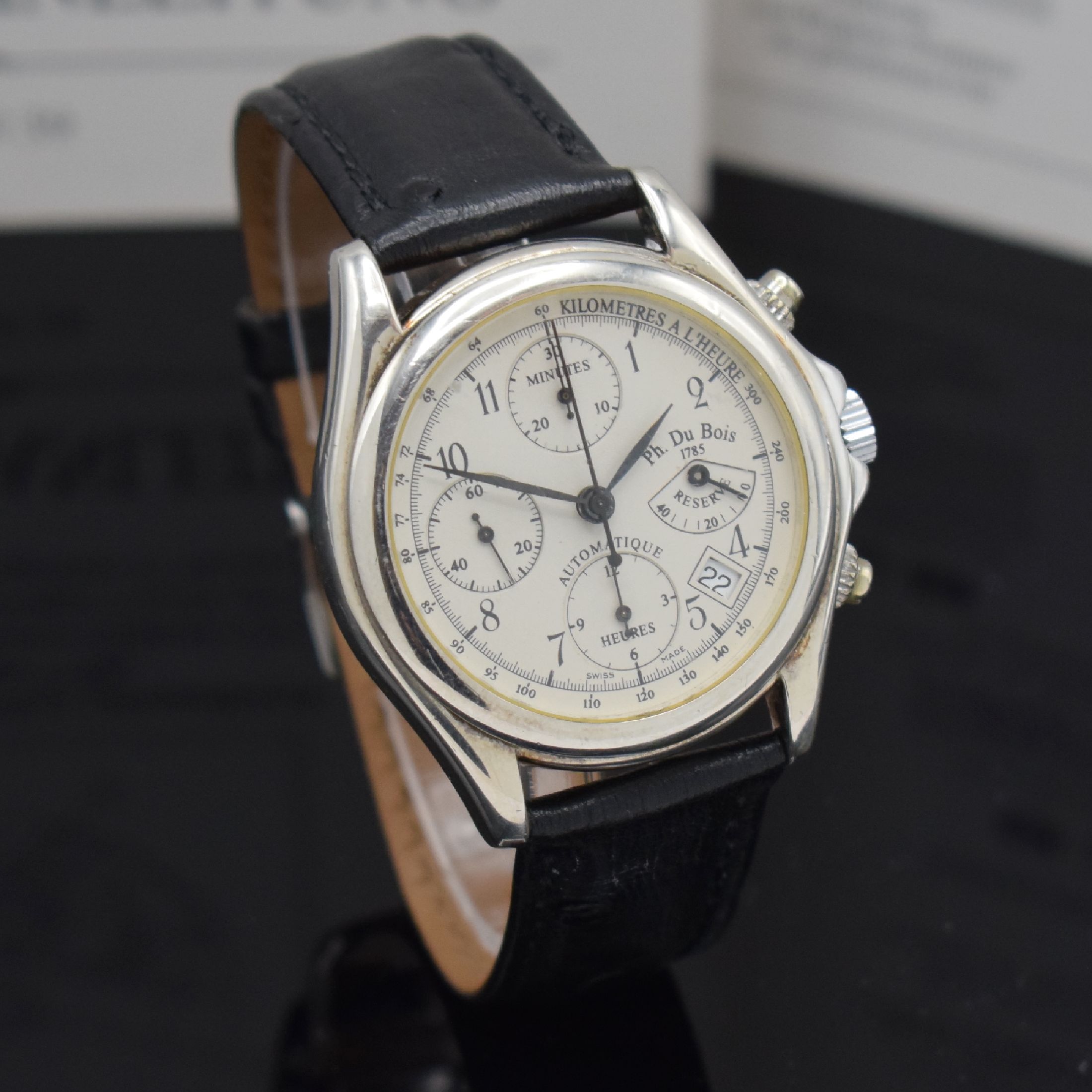 Detail b: PHILIPPE DUBOIS Armbandchronograph Art Deco 1925 in Silber, Automatik, 3-teil. Sterlingsilber-Gehäuse, Boden u. Glasrand aufgedr., Anz. v. Std., ...