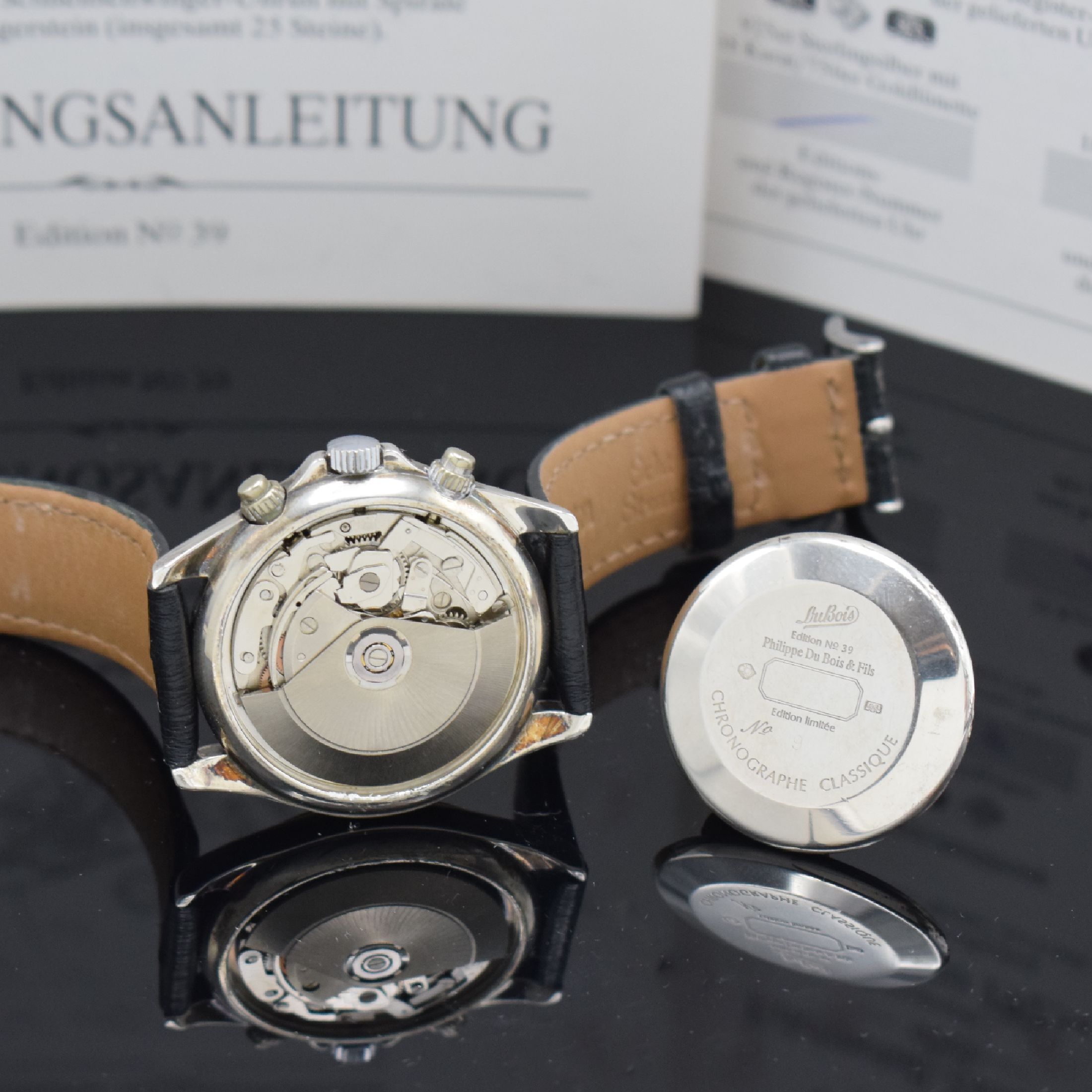 Detail d: PHILIPPE DUBOIS Armbandchronograph Art Deco 1925 in Silber, Automatik, 3-teil. Sterlingsilber-Gehäuse, Boden u. Glasrand aufgedr., Anz. v. Std., ...