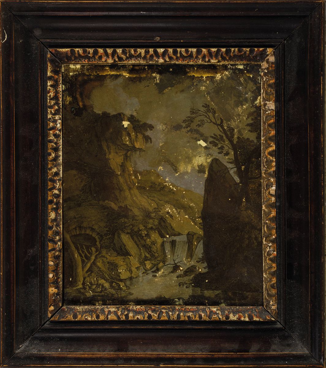 Detail k: Hinterglasmalerei, 19. Jh., nach einem Motiv von Joachim Franz Beick, (1665 - 1798) leicht berieben bzw. Altersspuren, ca. 23 x 20 cm, Holzrahmen: 35 ...