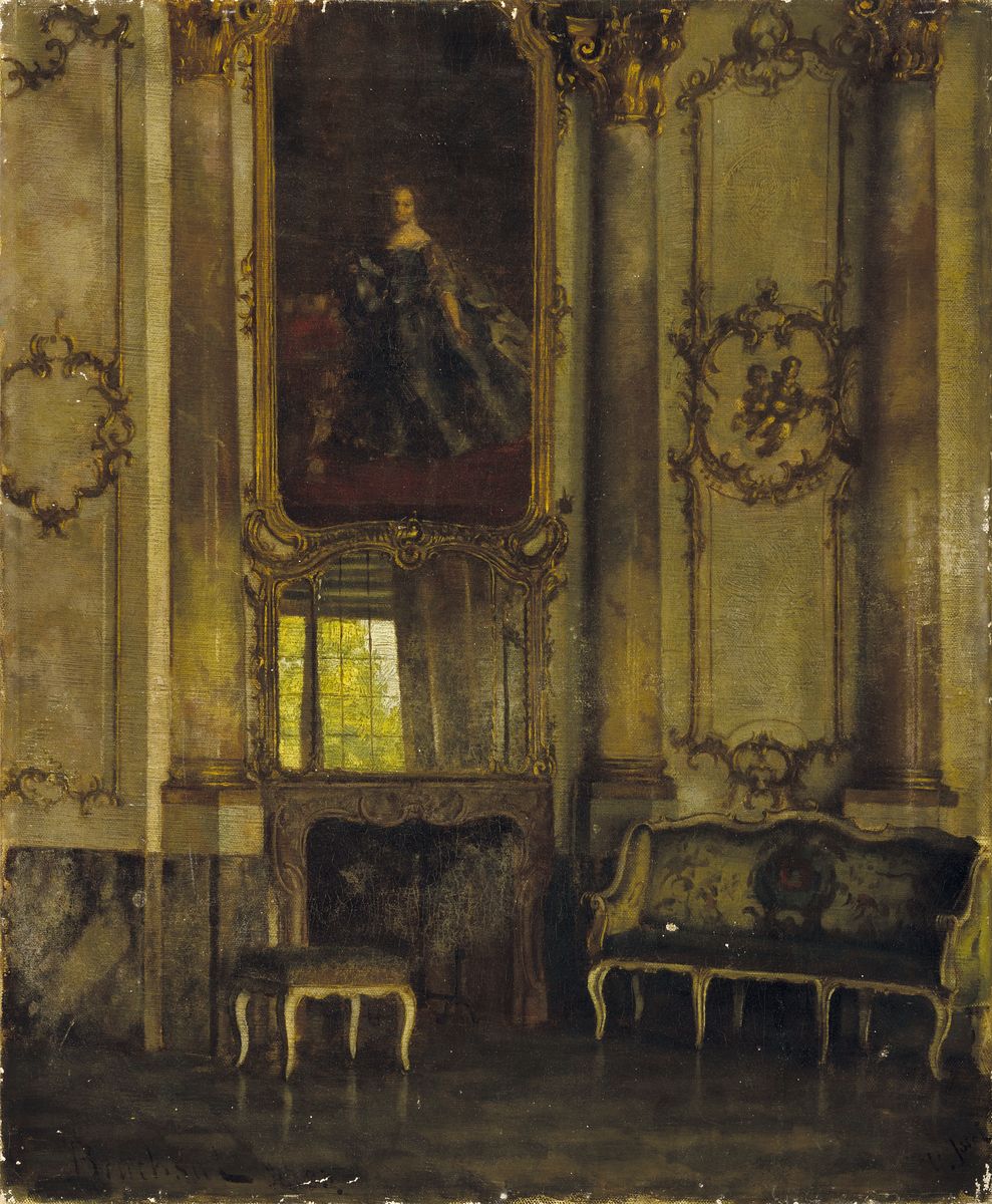 Heinrich Issel, Interieur Schloss Bruchsal, Öl/Lwd, bezeichnet: Bruchsal, signiert, ca. 60 x 50 cm, Rahmen, kl. Farbfehlstellen im unteren Teil ...