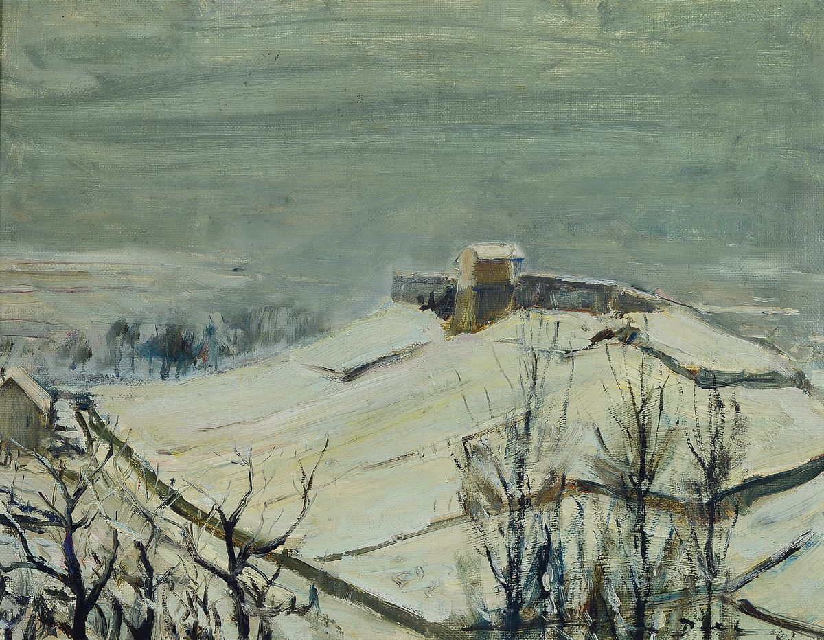 Otto Dill, 1884 Neustadt an der Weinstraße-1957 Bad Dürkheim, Verschneite Winterlandschaft bei Bad Dürkheim, Michelsberg, Öl/Malkarton, rechts ...