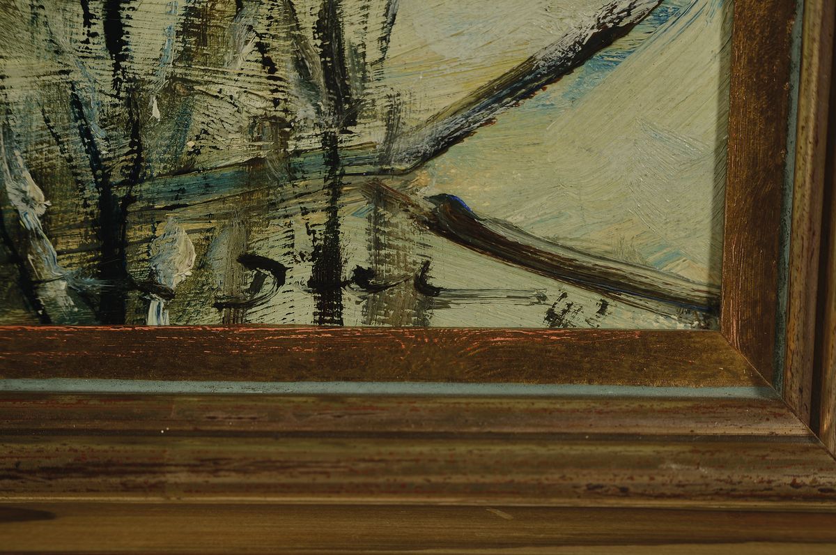 Detail a: Otto Dill, 1884 Neustadt an der Weinstraße-1957 Bad Dürkheim, Verschneite Winterlandschaft bei Bad Dürkheim, Michelsberg, Öl/Malkarton, rechts ...