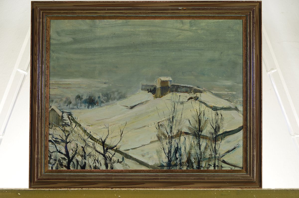 Detail k: Otto Dill, 1884 Neustadt an der Weinstraße-1957 Bad Dürkheim, Verschneite Winterlandschaft bei Bad Dürkheim, Michelsberg, Öl/Malkarton, rechts ...