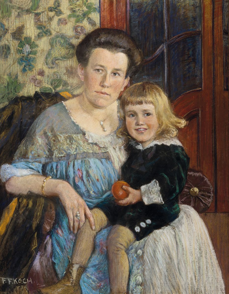 Friedrich Ferdinand Koch, 1863-1923 Landau, Mutter mit Kind, die Frau des Künstlers mit der gemeinsamen Tochter Yvonne, Pastell auf Lwd, auf ...