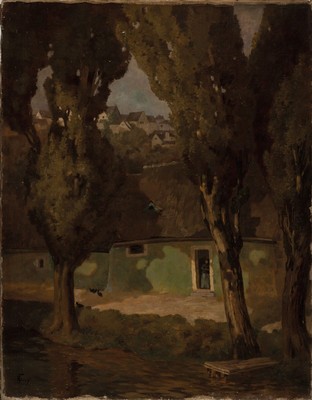 Image 26600021 - Guido Frey, 1875 - 1949 Aarau, Studies at the School of Applied Arts Stuttgart, village view, view over a tree-lined river on a farmhouse, peasant woman standing in semi- shade, signed lower left, oil/canvas, without frame, 107x84 cm