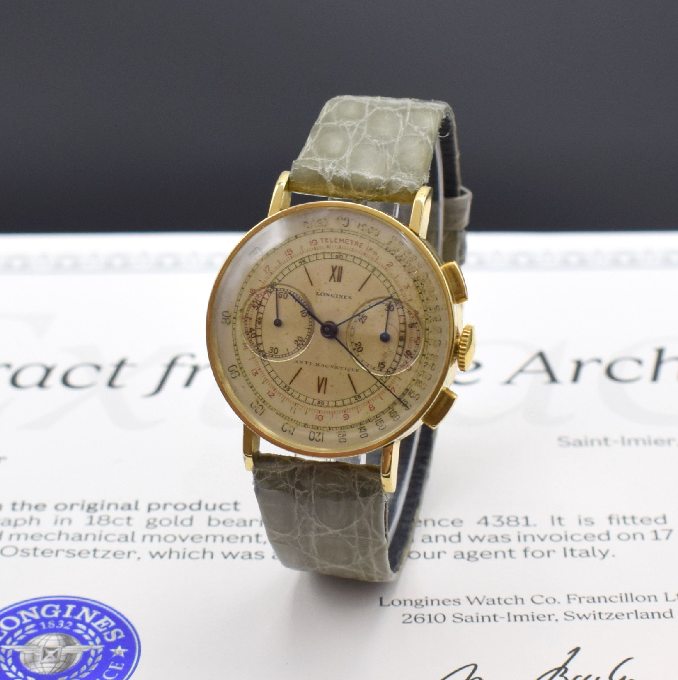 LONGINES 13ZN Flyback-Chronograph in GG 750/000 Referenz 4381, Schweiz um 1940, Schweiz lt. beiliegendem Archivauszug verk. nach Italien 1940, ...