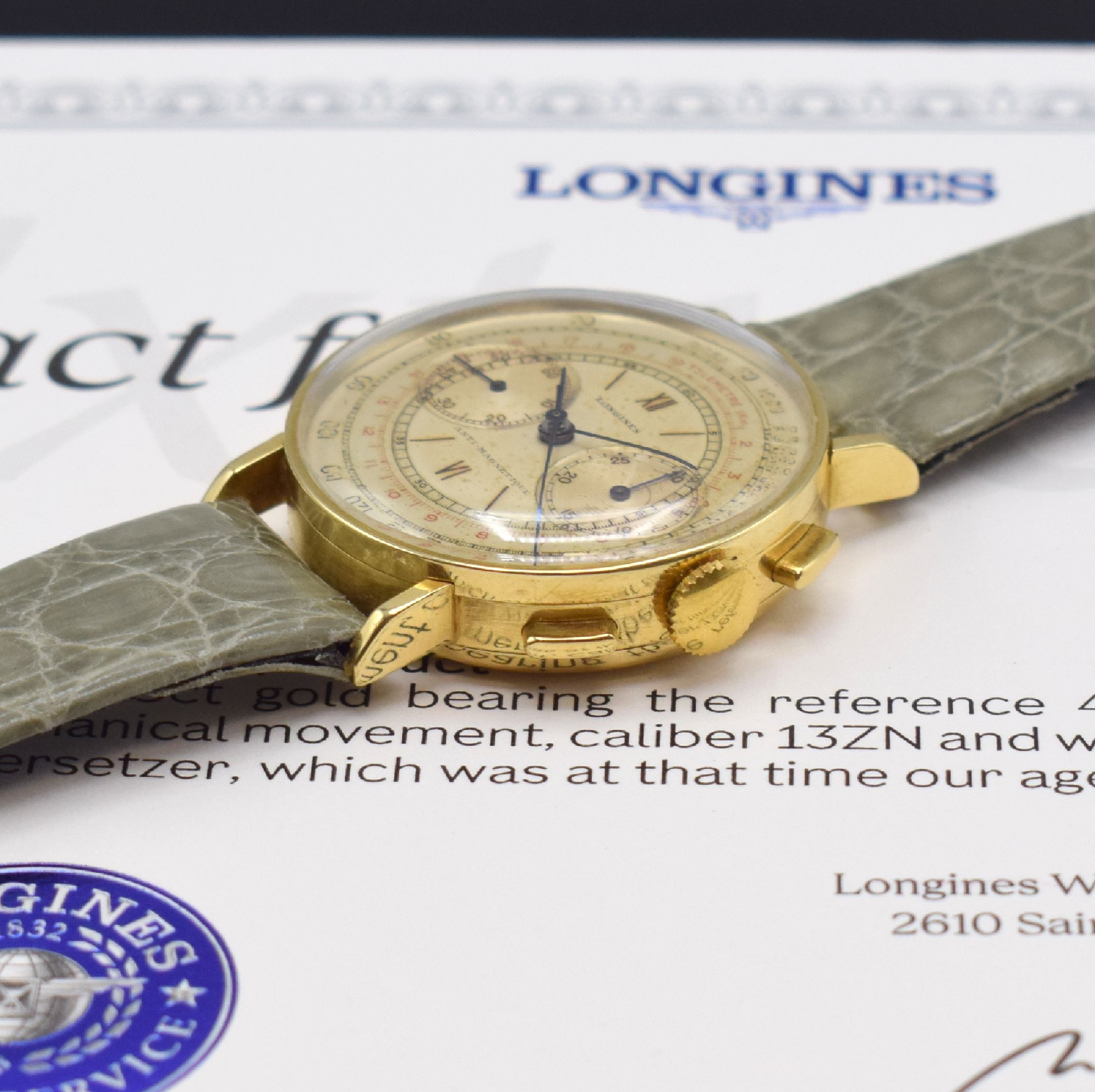 Detail b: LONGINES 13ZN Flyback-Chronograph in GG 750/000 Referenz 4381, Schweiz um 1940, Schweiz lt. beiliegendem Archivauszug verk. nach Italien 1940, ...