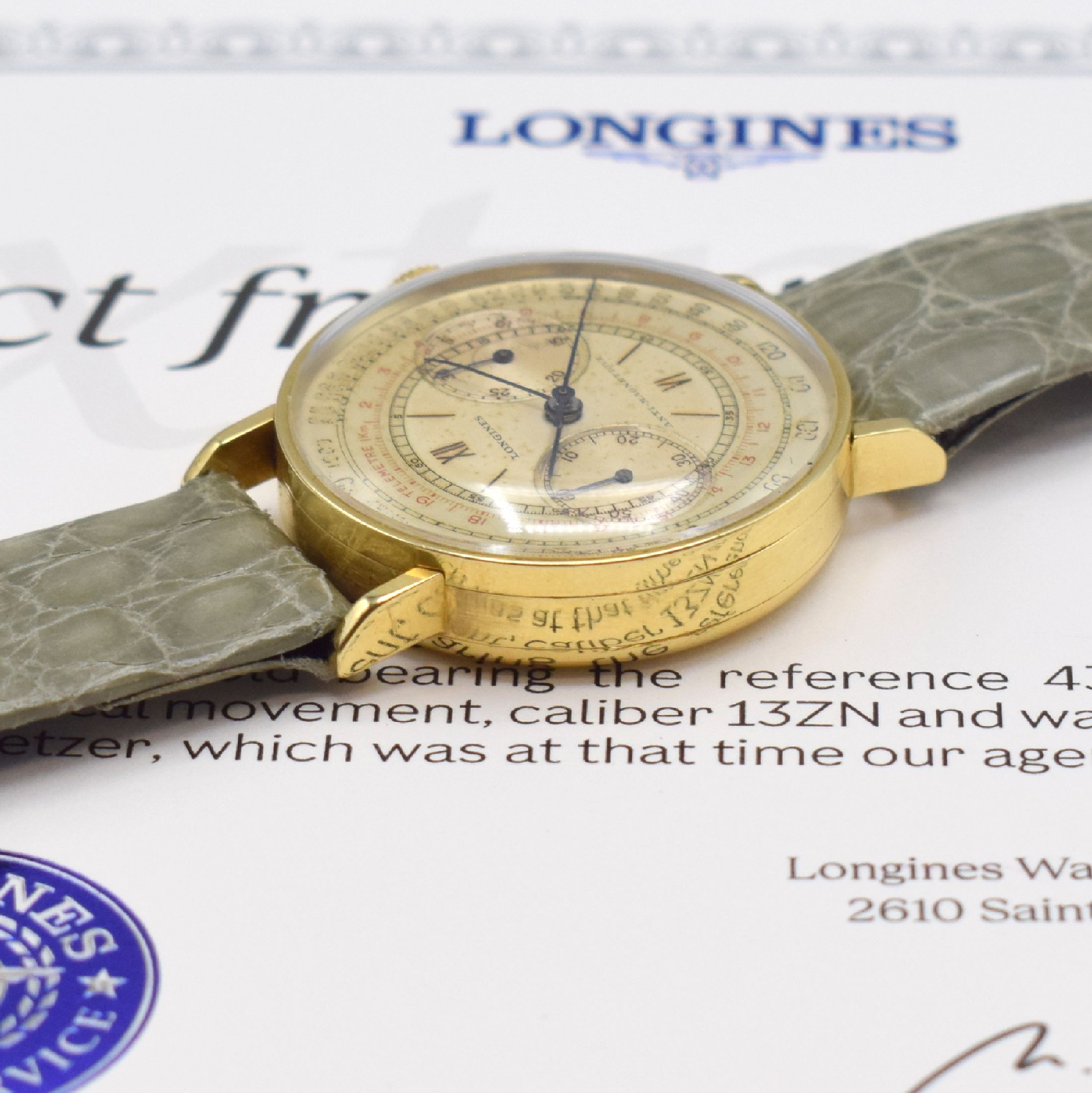 Detail c: LONGINES 13ZN Flyback-Chronograph in GG 750/000 Referenz 4381, Schweiz um 1940, Schweiz lt. beiliegendem Archivauszug verk. nach Italien 1940, ...
