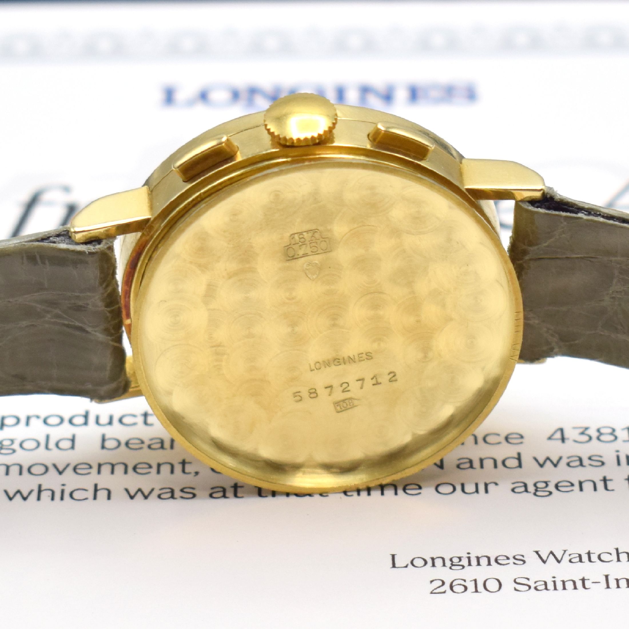 Detail f: LONGINES 13ZN Flyback-Chronograph in GG 750/000 Referenz 4381, Schweiz um 1940, Schweiz lt. beiliegendem Archivauszug verk. nach Italien 1940, ...