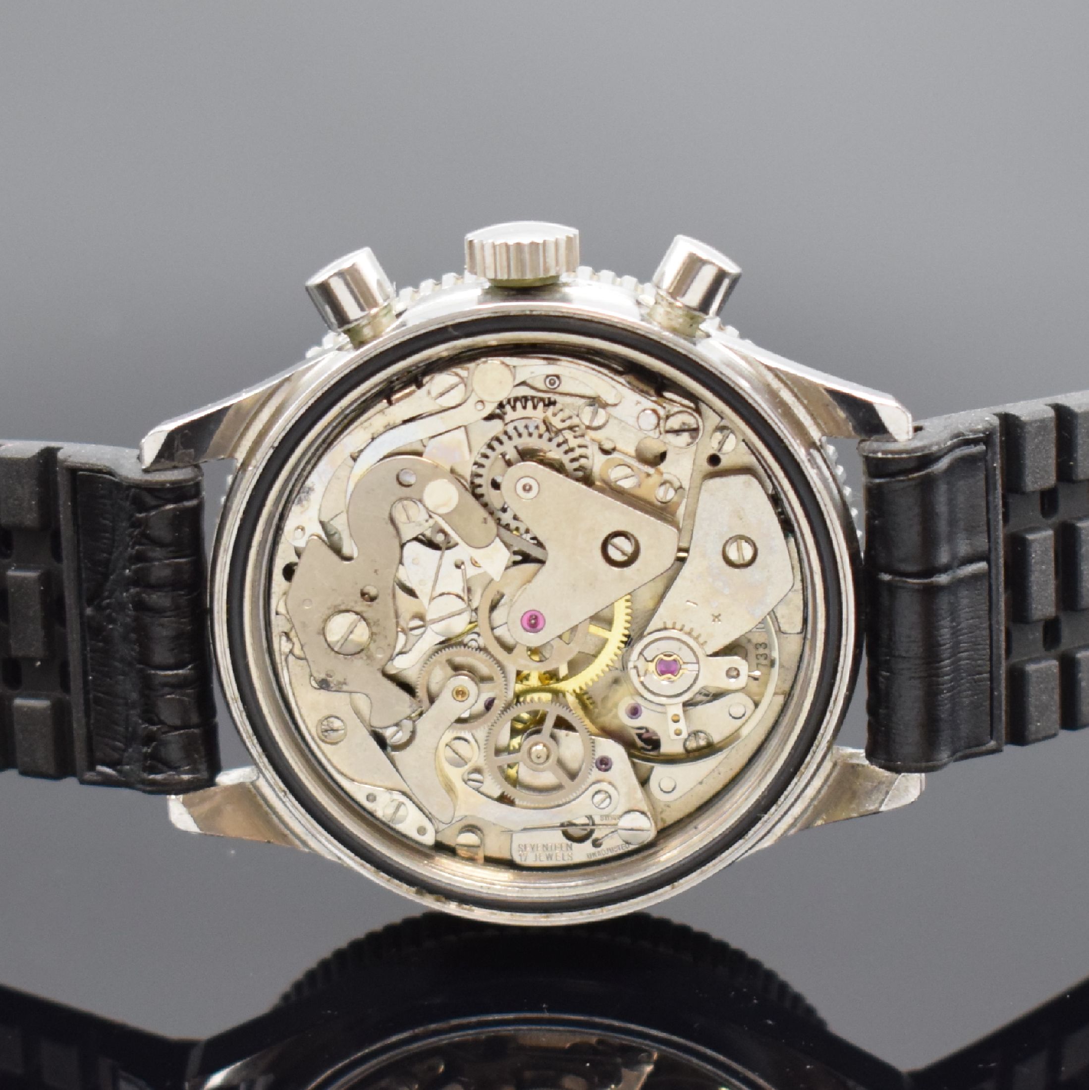 Detail d: SELECTRON Computer Olech & Weiss sportlicher Herrenchronograph in Stahl, Schweiz um 1970, Handaufzug, verschr. Geh., schwarze ...