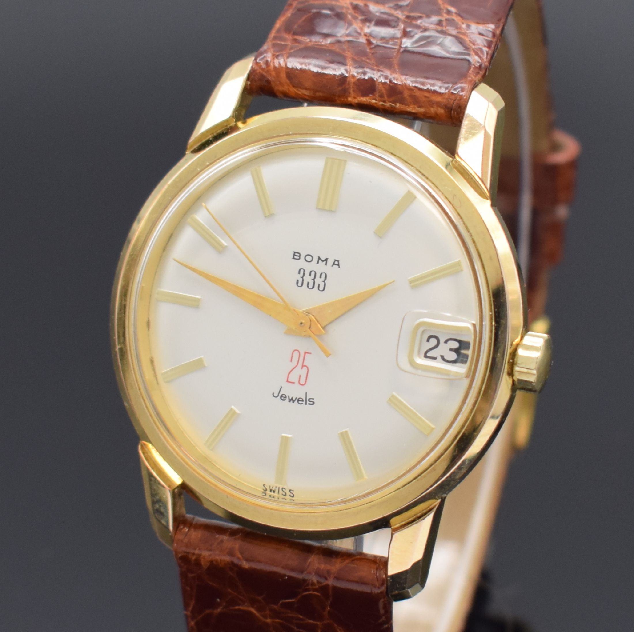 Detail a: SANDOZ / BOMA 333 Armbanduhr mit seltenem Automatikwerk Kaliber FHF 65-4, Schweiz um 1965, Automatik, verg. Geh. m. verschr. Stahlboden, silb. ...