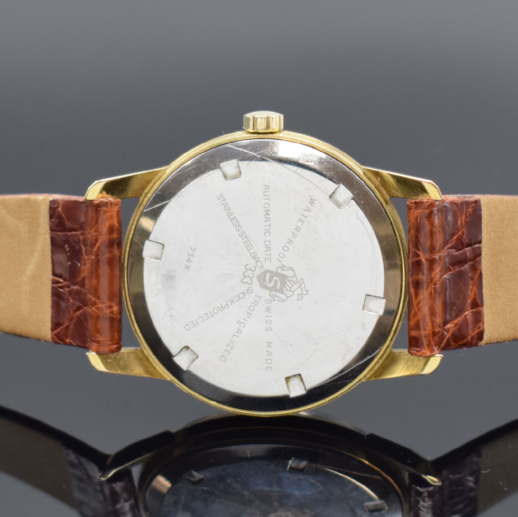 Detail c: SANDOZ / BOMA 333 Armbanduhr mit seltenem Automatikwerk Kaliber FHF 65-4, Schweiz um 1965, Automatik, verg. Geh. m. verschr. Stahlboden, silb. ...