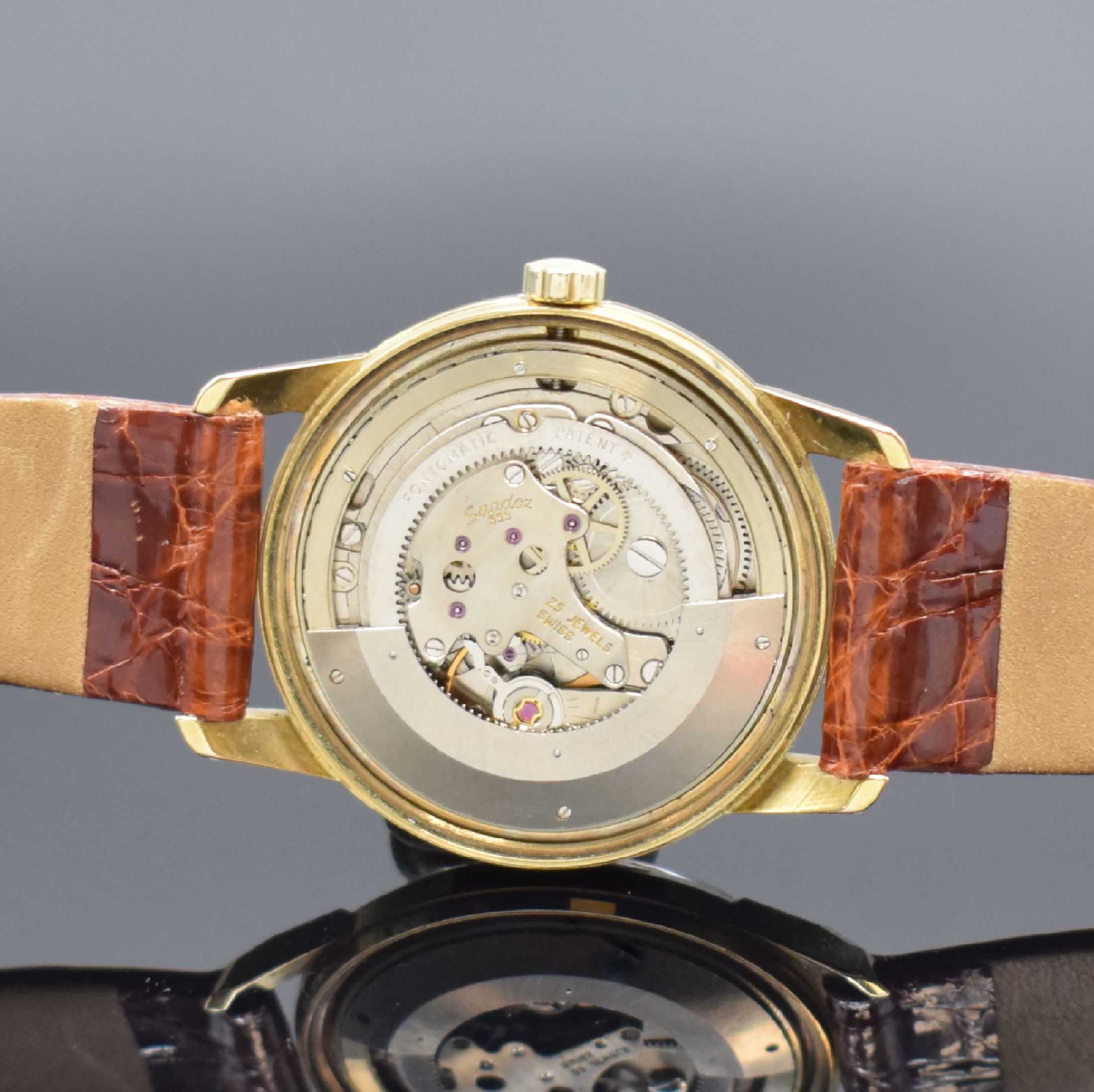 Detail d: SANDOZ / BOMA 333 Armbanduhr mit seltenem Automatikwerk Kaliber FHF 65-4, Schweiz um 1965, Automatik, verg. Geh. m. verschr. Stahlboden, silb. ...