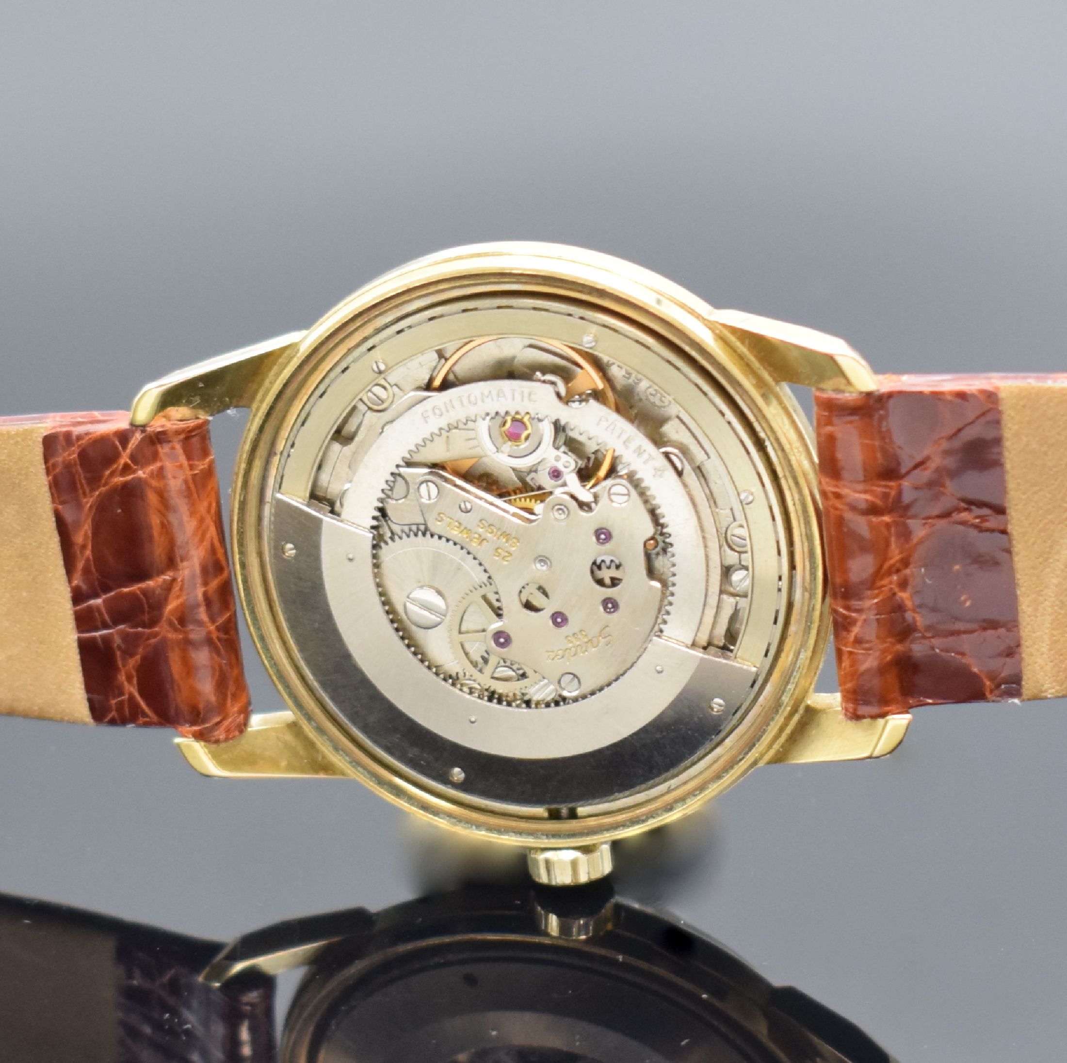 Detail e: SANDOZ / BOMA 333 Armbanduhr mit seltenem Automatikwerk Kaliber FHF 65-4, Schweiz um 1965, Automatik, verg. Geh. m. verschr. Stahlboden, silb. ...