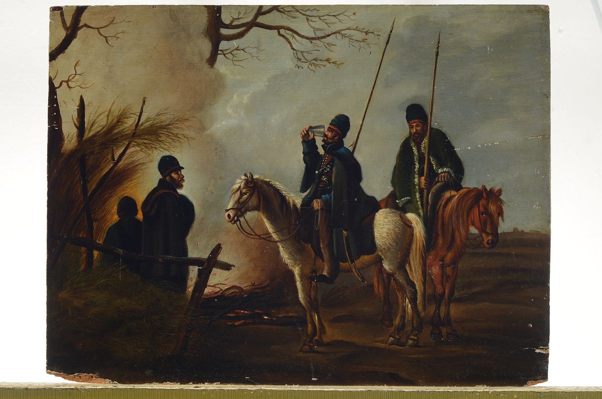 Detail k: J. H. Scholtz o.ä., Maler um 1830-40, Wachsoldaten und 2 Reiter bei nächtlicher Rast am Feuer, Öl/Holz, rechts unten kaum lesbar signiert, ...